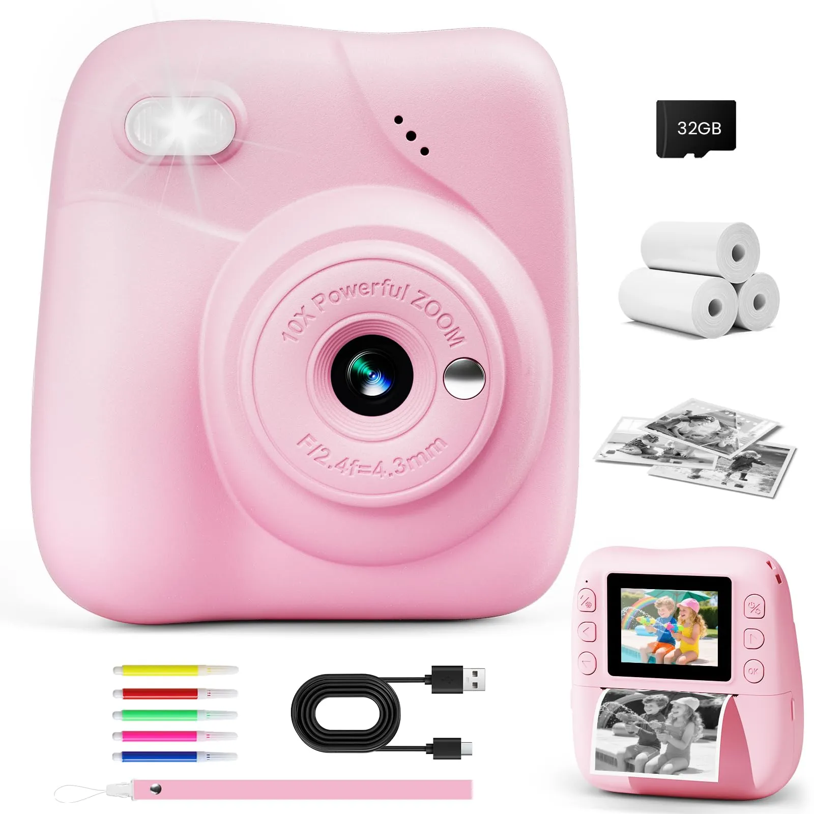 CAMCLID Macchina Fotografica Bambini Istantanea, 1080P HD Macchina Fotografica Istantanea 48MP con Scheda da 32 GB e 3 Rotoli di Carta da Stampa, Regalo per Ragazze Ragazzi da 3-12