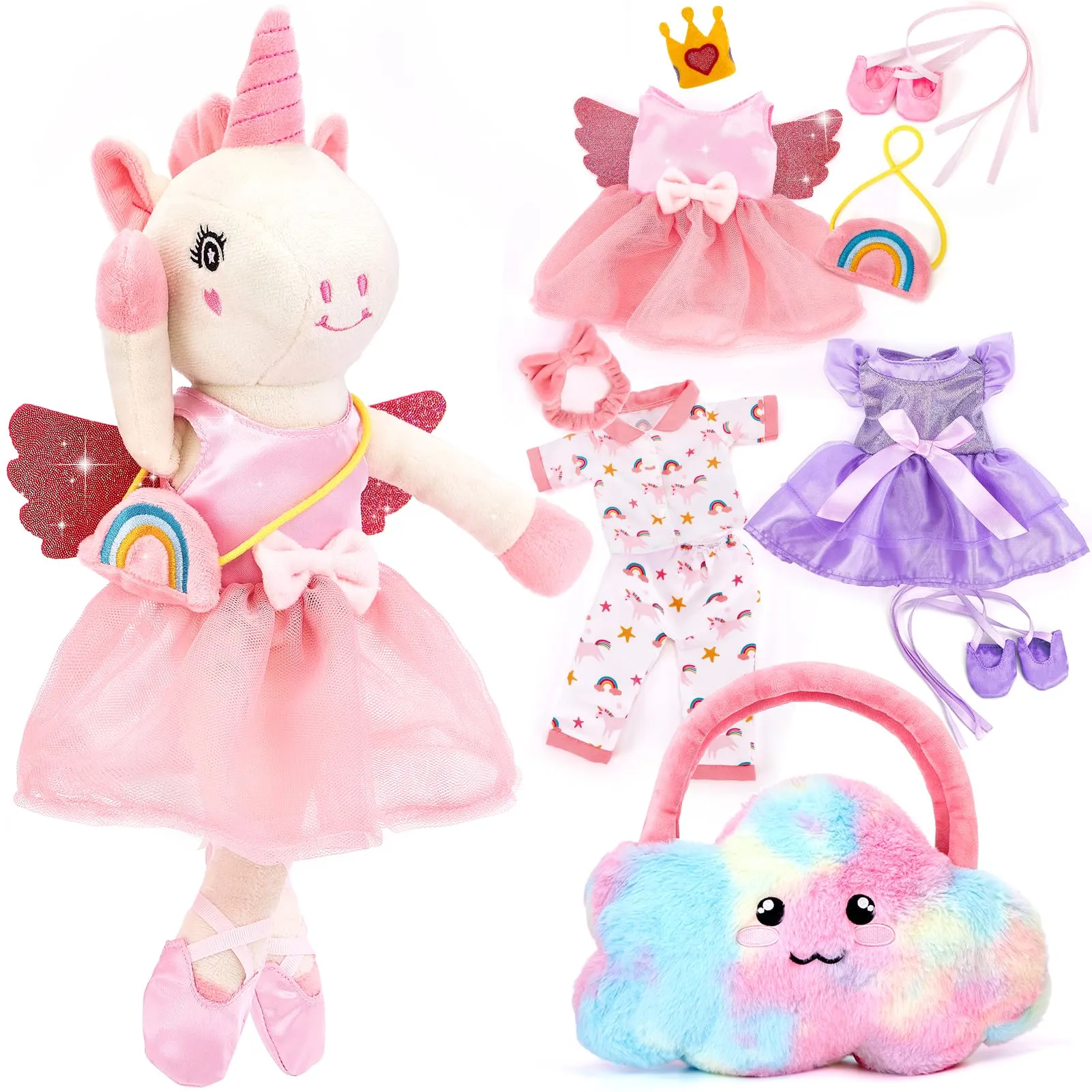 hahaland Regalo Bambina 3-6 Anni, 10 PCS Set di Unicorno Bambina Regalo con Unicorno Peluche, Borsa e 3 Abiti, Vestire la Bambola Giochi Bimba 3 4 5 6 Anni Femmina