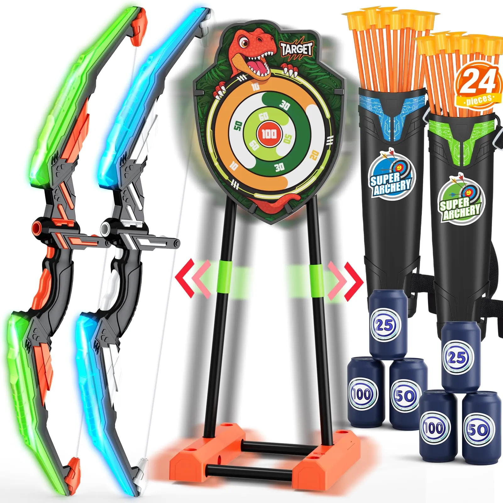 HYES 2 Pack Arco e Frecce per Cambini con Luci LED, Set di Tiro Giocattoli con Frecce e 2 Arco, 24 Ventosa Frecce, Bersaglio Mobile, 2 Supporto Freccia, Regalo per Interni ed Esterni