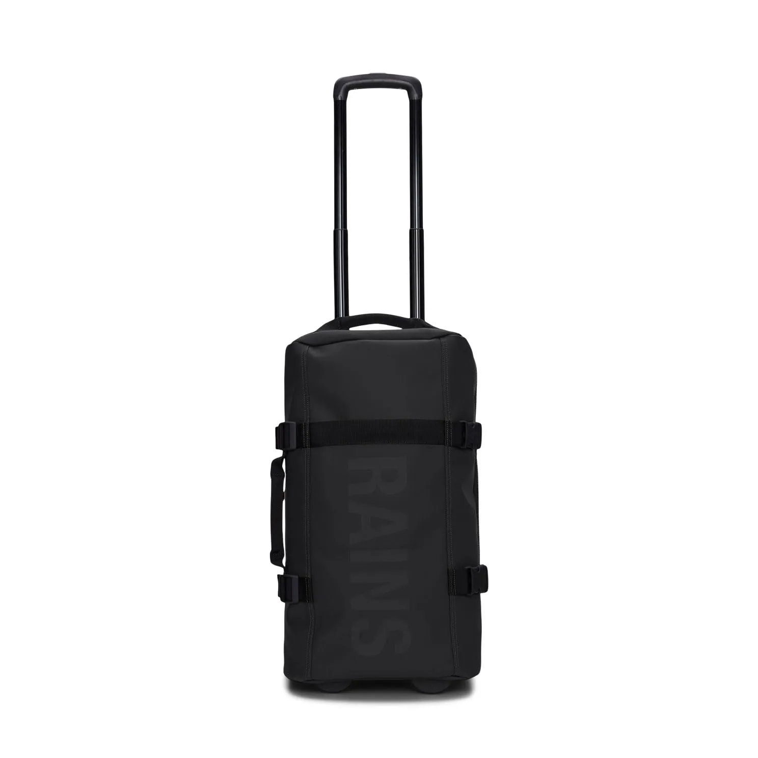 RAINS Valigia Rains modello Travel Bag Small, con due scomparti principali, uno con fasce elastiche trasversali ed entrambi con chiusure in mesh, tasca frontale con zip, manico telescopico e manici i.
