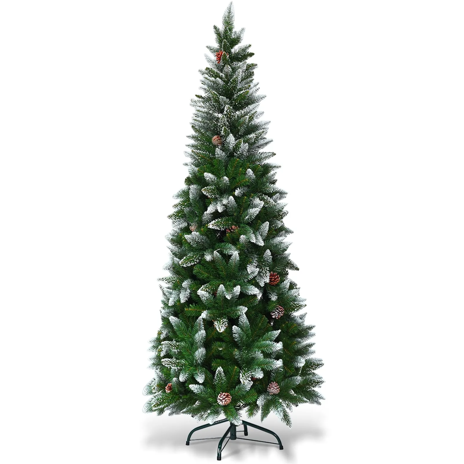 COSTWAY Albero di Natale Innevato 180/220 cm, Albero di Natale Slim con Pigne, Base di Metallo e Rami Rigogliosi in PVC, Ideale per Casa, Ufficio e Negozio (180 cm)