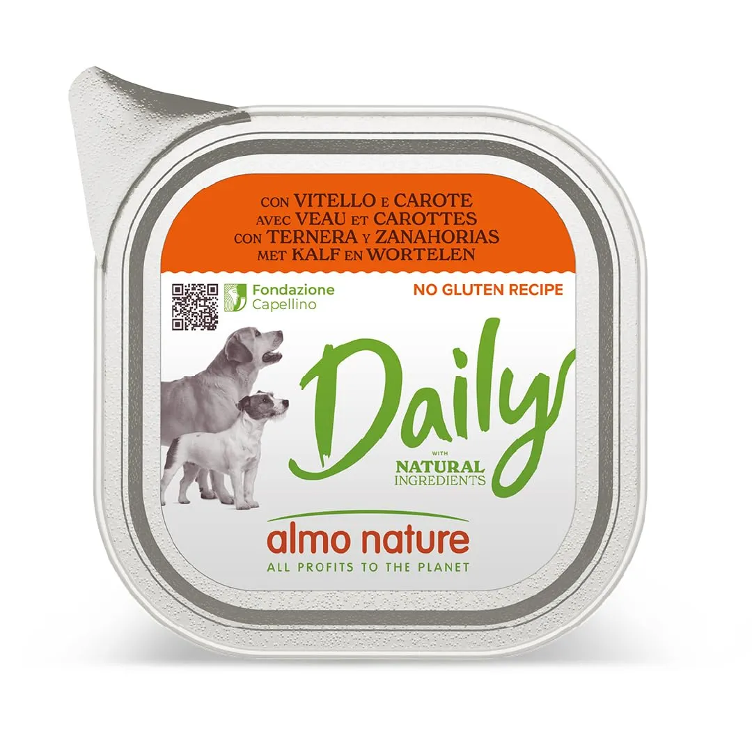 almo nature - Cibo Umido Senza glutine con Vitello e Carote, Confezione da 32 vassoi da 100 g, 100% riciclabili, per Cani Adulti