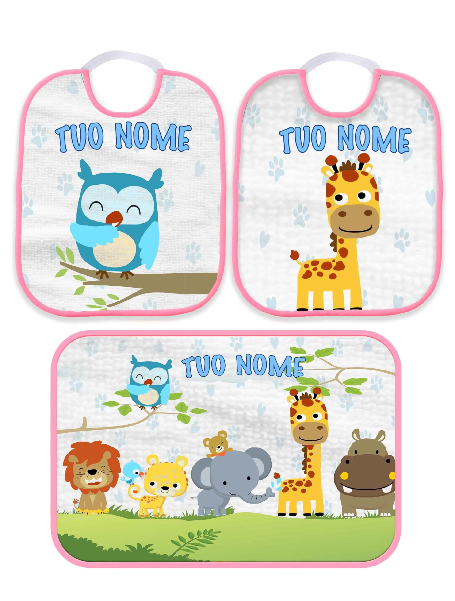 Set Asilo con nome sacchetto porta bavaglini, tovaglietta/asciugamano personalizzati (Set 2 Bavette Bavaglino Asilo + Asciugamano personalizzabile con nome Animali della foresta Bordo Rosa)