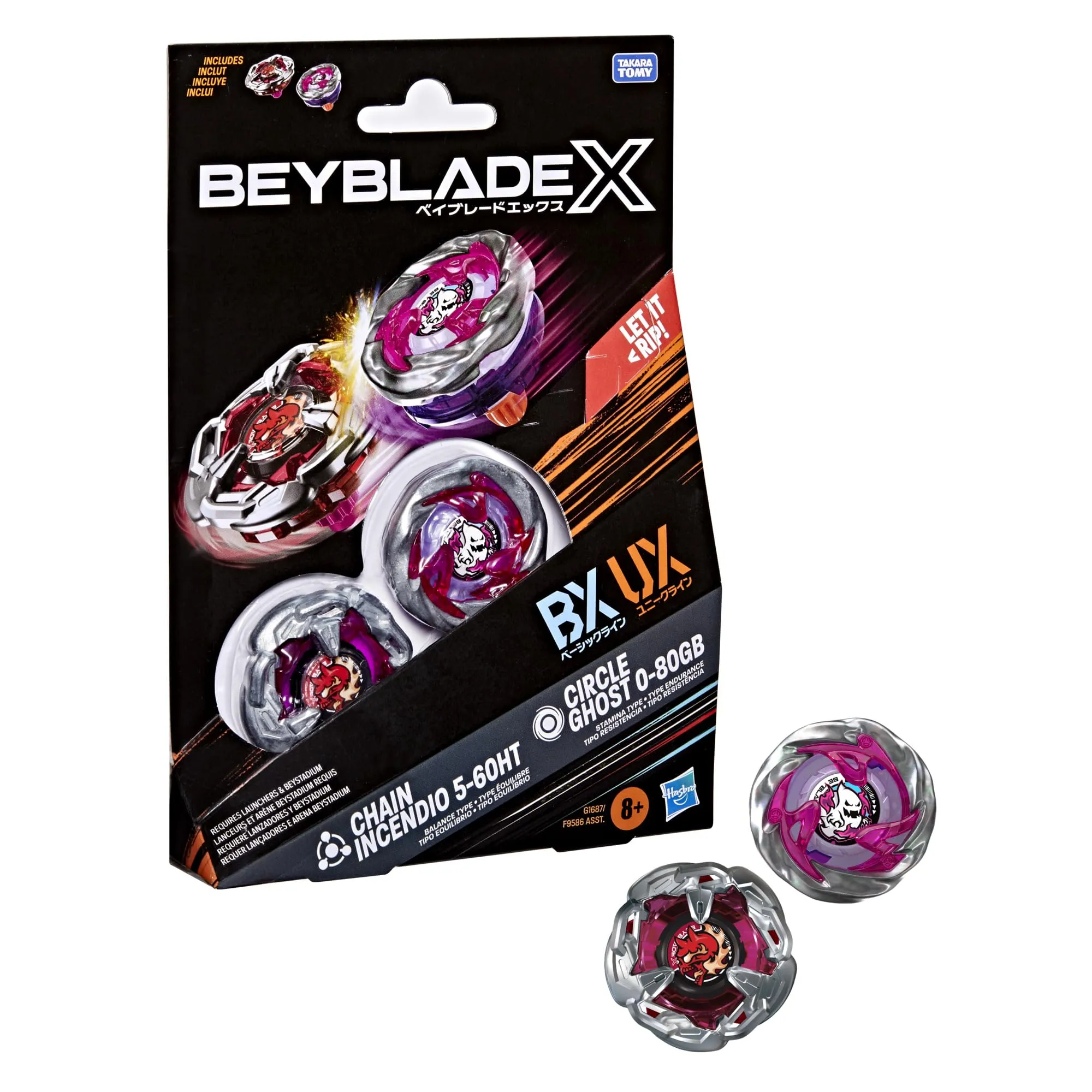 Hasbro Beyblade X, Circle Ghost 0-80GB e Chain Incendio 5-60HT, Set Dual Pack