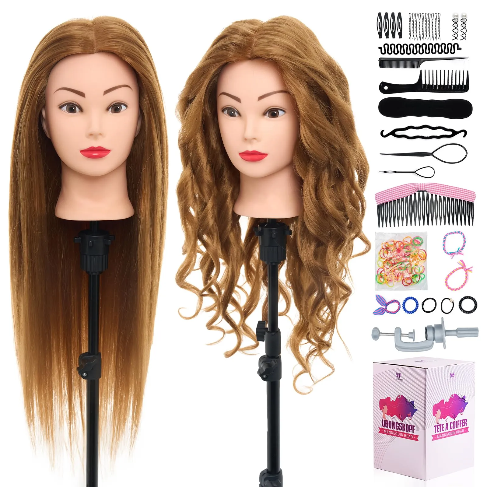 Neverland Testa per Parrucchieri 24" 80% Capelli Veri Testa manichino Testina per Parrucchieri Testina Parrucchiere Capelli Veri Testa Manichino Con Morsetto & DIY Hair Styling Tools