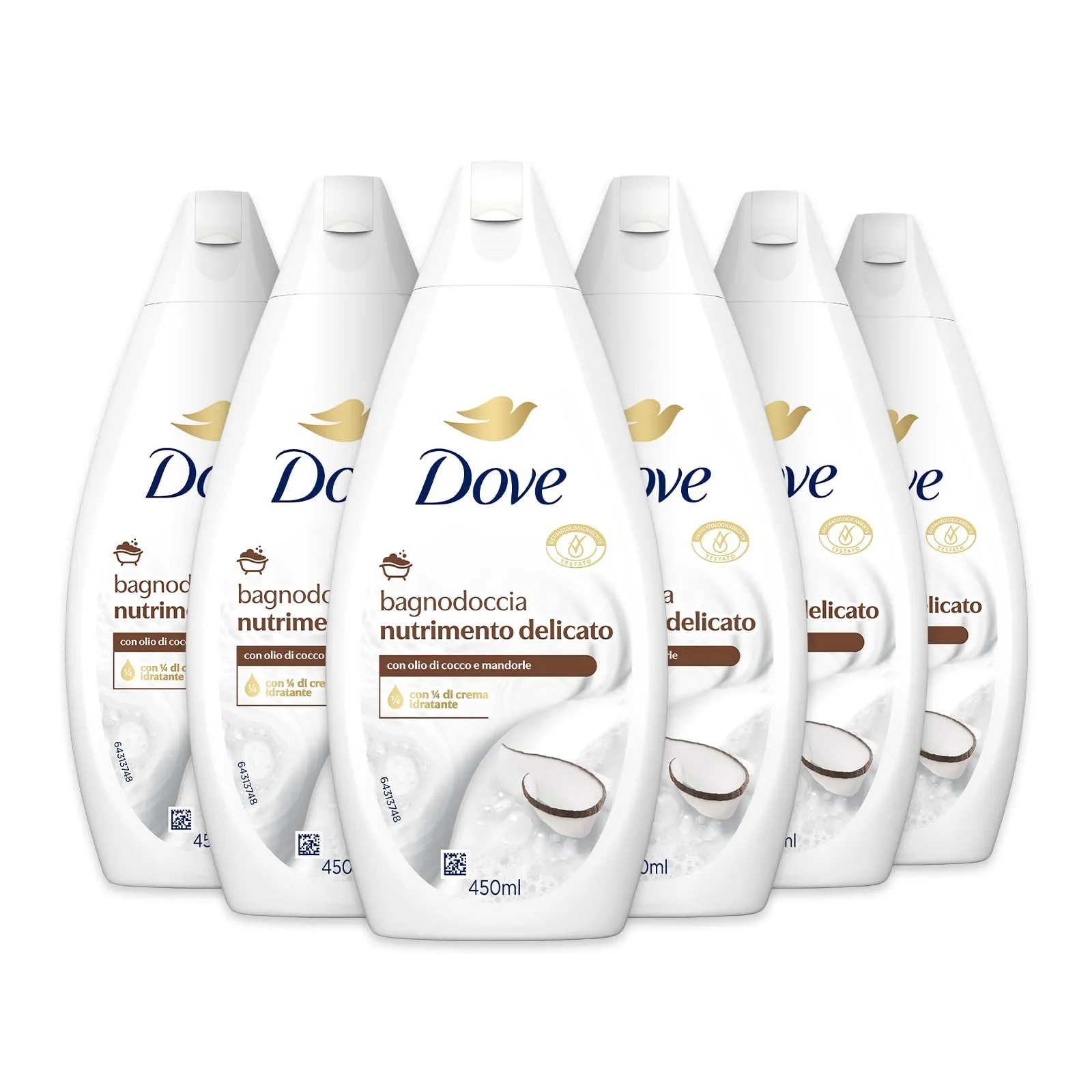 Dove Bagnodoccia Nutrimento Delicato, Idratante Dermo-Naturale, Olio di Cocco, 1/4 Crema Idratante, Dermatologicamente Testato, Bagnoschiuma Uomo e Donna, 100% Bottiglia Riciclata* 6 Pezzi x 450 ml