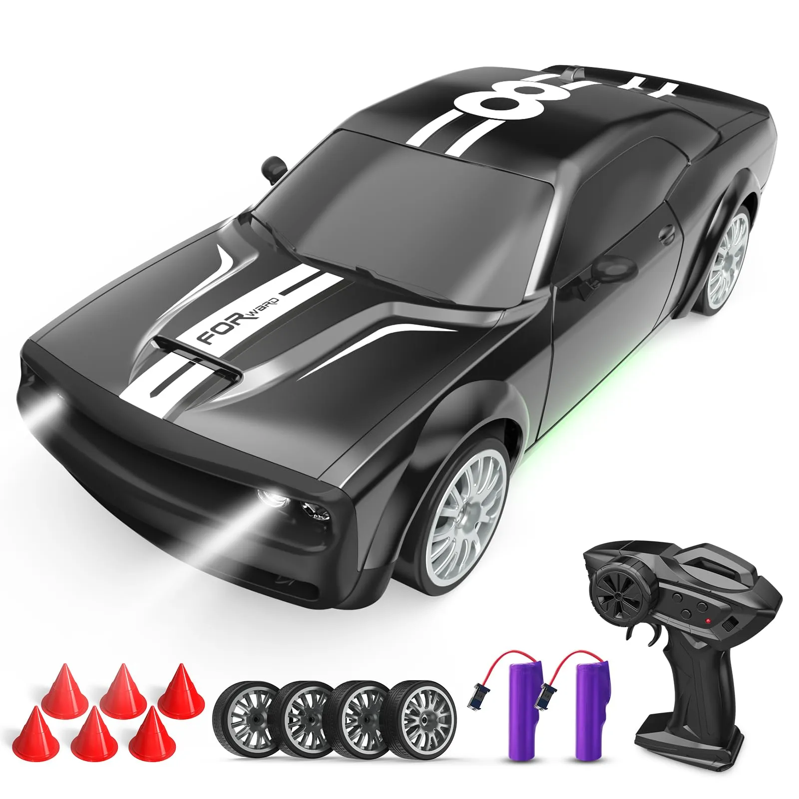 RC Drift Car 1:20 Macchina Telecomandata 2,4 GHz 4WD Auto Telecomandata 20 KM/H Auto da Corsa Telecomandata con fari da lavoro, 2 Batterie Ricaricabili,regalo per adulti e bambini (Nero)