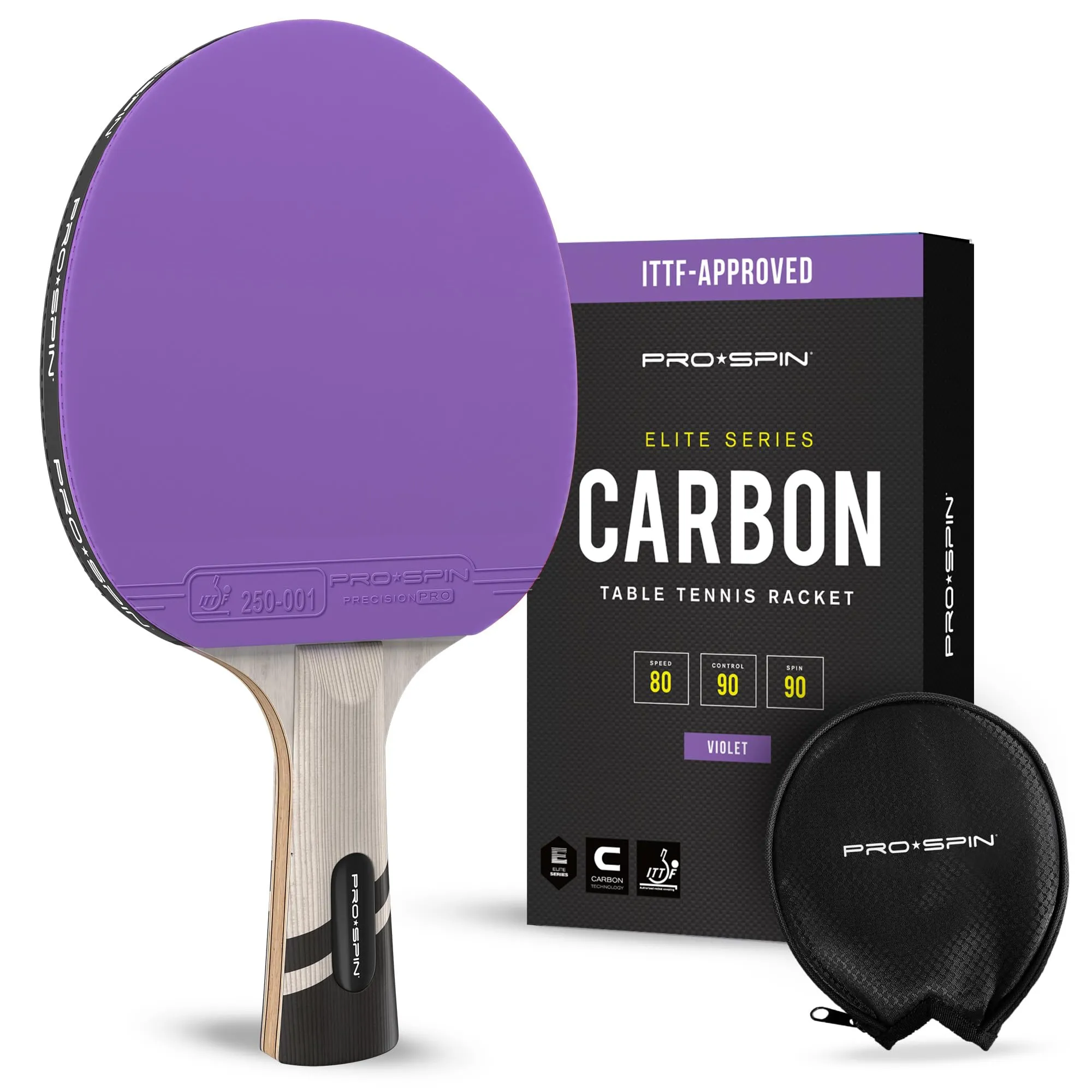 PRO SPIN Racchetta Ping Pong in Fibra di Carbonio - 7 strati, Gomma Offensiva, Spugna 2 mm - Colore Viola in Edizione Limitata - Dai il Massimo con la Racchetta Ping Pong Serie Élite in Carbonio