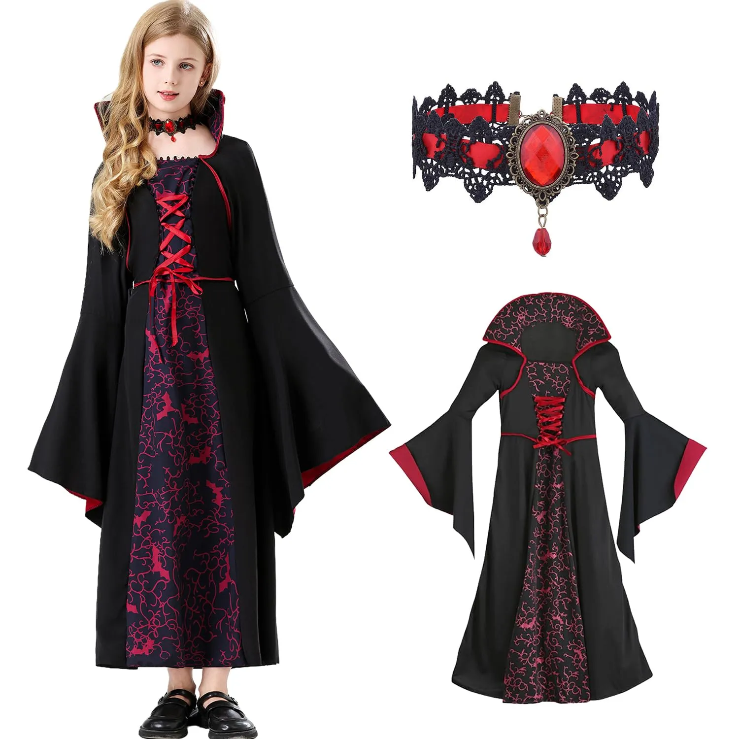 MUXIWOM Costume Vampira Bambina, Vestito Halloween Gotico, Costume da Vampiro per Halloween, Carnevale, Cosplay