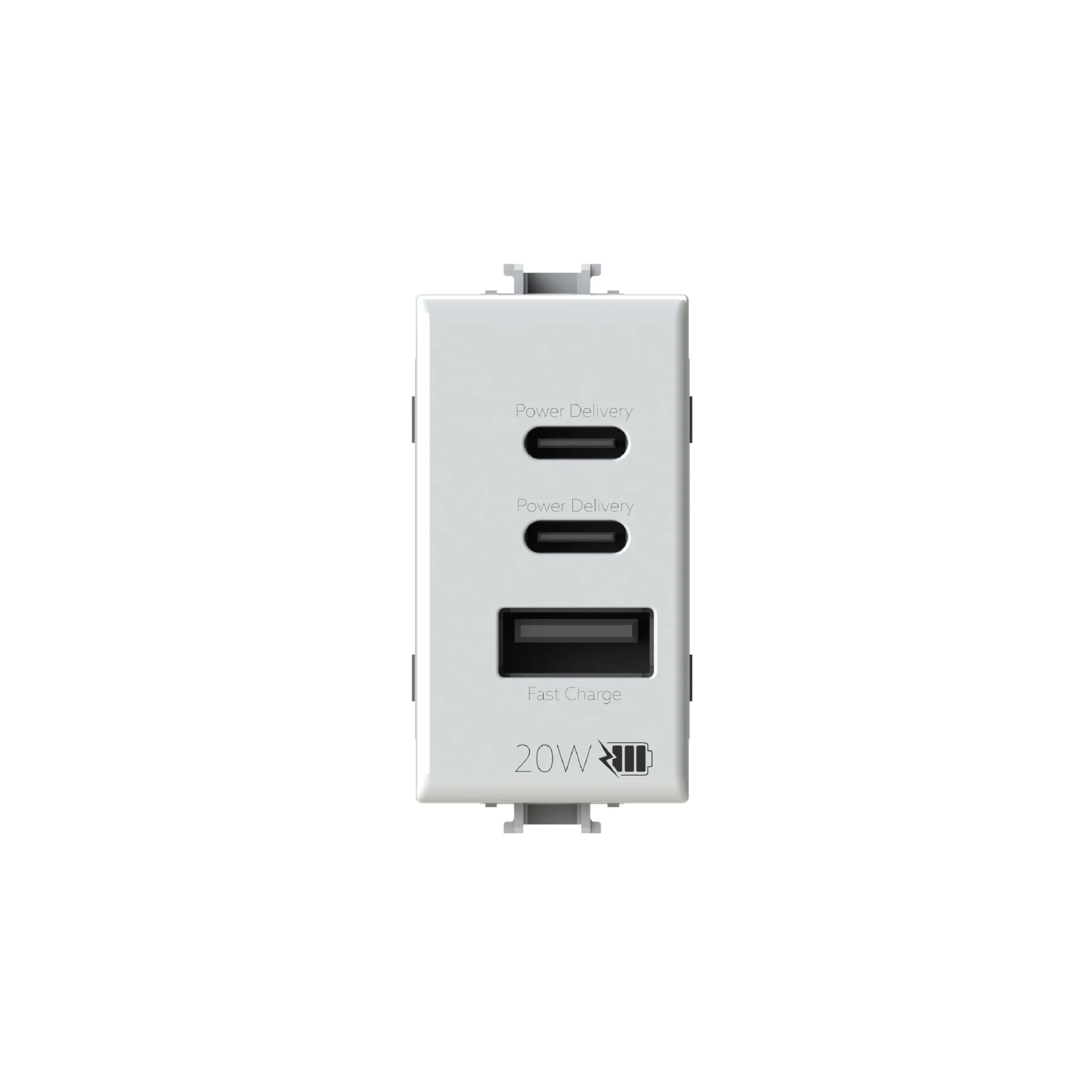 4box - Alimentatore USB CCA 20W compatibile Bticino® Matix™, per caricare i tuoi dispositivi senza bisogno di alimentatori. 3 connettori: due di tipo C e uno di tipo A. Colore Bianco