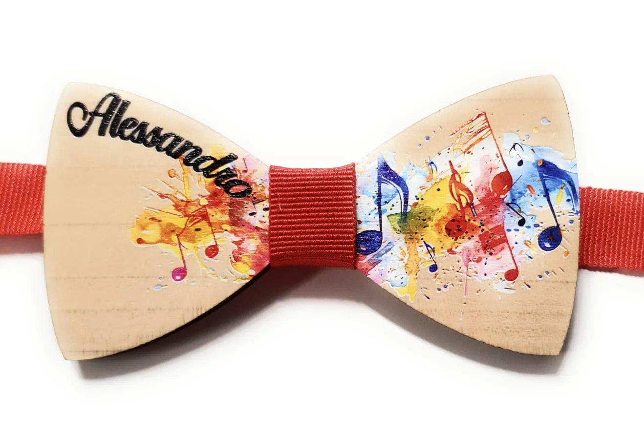 Papillon/farlallino/cravattino in legno personalizzato con nome- perfetto anche per padrino di battesimo, comunione o cresima - tema musica e note musicali