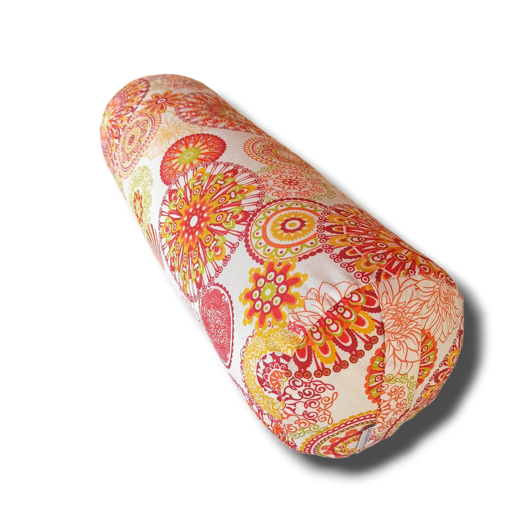 SAVASANAS - Bolter yoga "Mandalas arancia 2024", cuscino yoga, cuscino meditazione, bolster cilindrico, cuscino yoga cilindrico, rivestimento lavabile, ripieno di pula di farro bio, 62x20cm