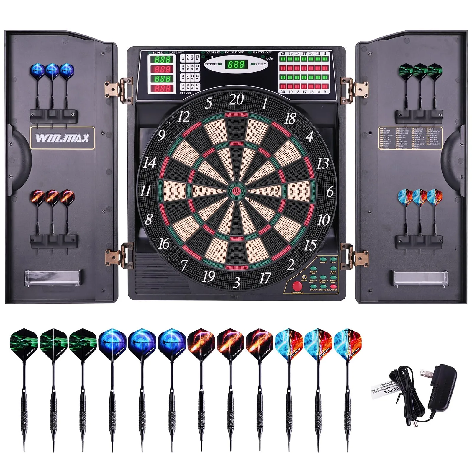 Win.max - Bersaglio elettronico per freccette con LED, display digitale, set di 12 freccette a punta morbida, con armadio