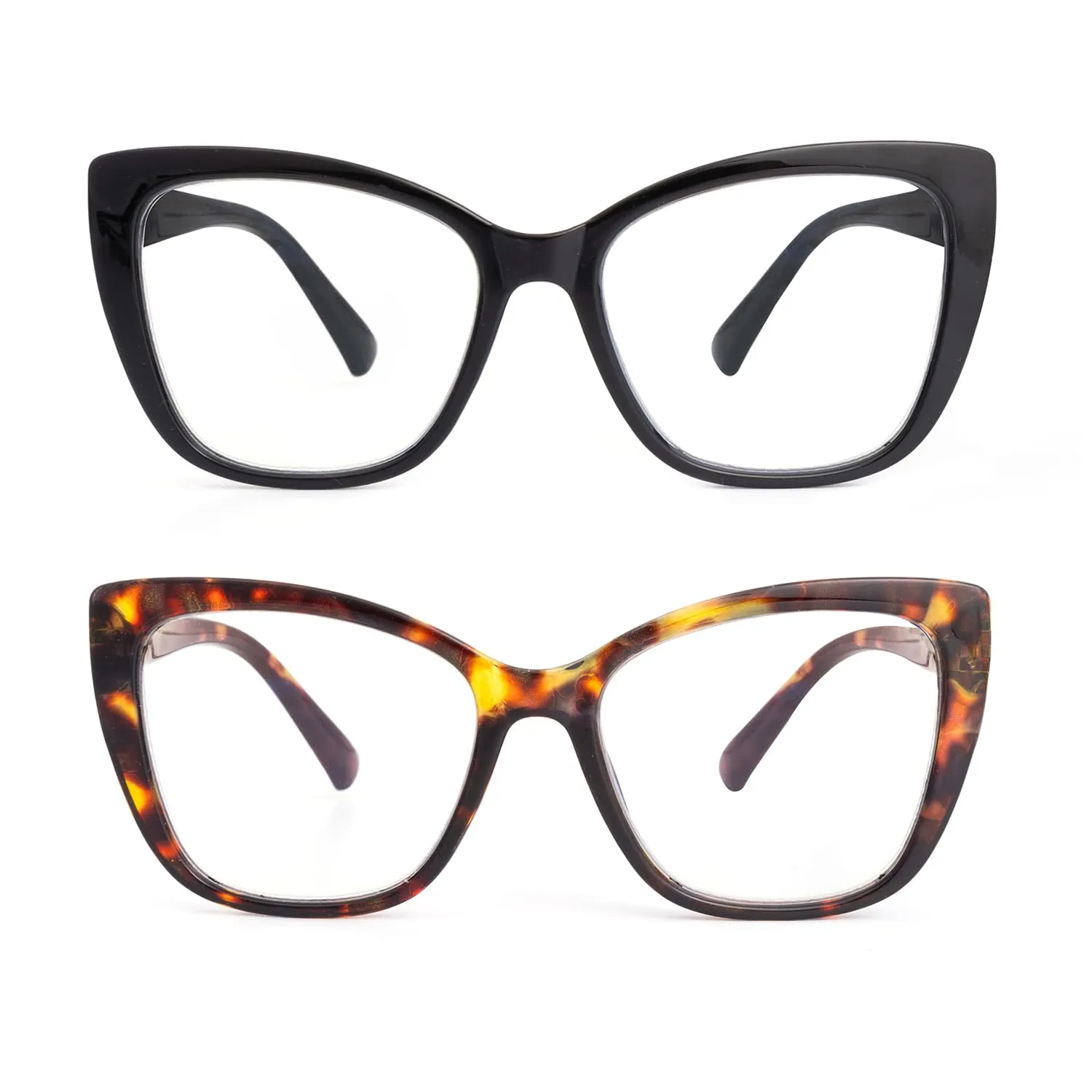 SKYWAY 2 Pack Occhiali da Lettura per Donna, Occhiali da Computer Oversize alla Moda con Blocco Luce Blu, Montatura Quadrata a Occhio di Gatto con Cerniera a Molla, Nero+Tartaruga 1.0