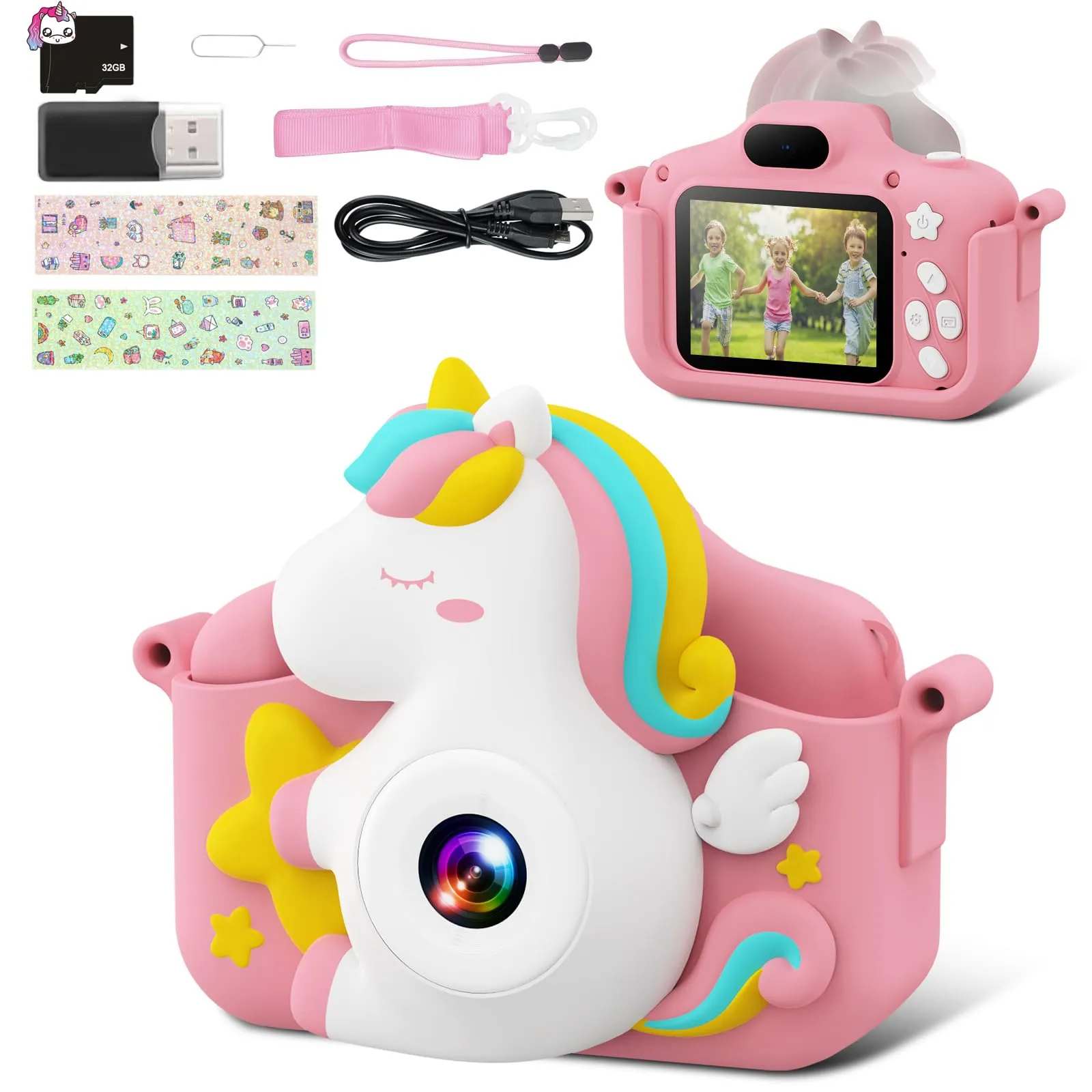 CAMCLID Macchina Fotografica Bambini, 2.0 Pollici Fotocamera Digitale Bambini 1080P HD Videocamera con Scheda 32 GB, Regalo Giocattolo di Natale & Compleanno per Ragazze Ragazzi da 3-12 Anni