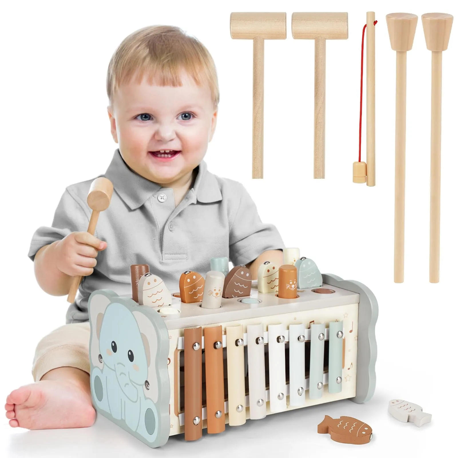 DINORUN Giochi Montessori 1-3 Anni, Acchiappa la Talpa, Strumenti Musicali e Xilofono in Legno per Bambini - Regali per Ragazzi e Ragazze