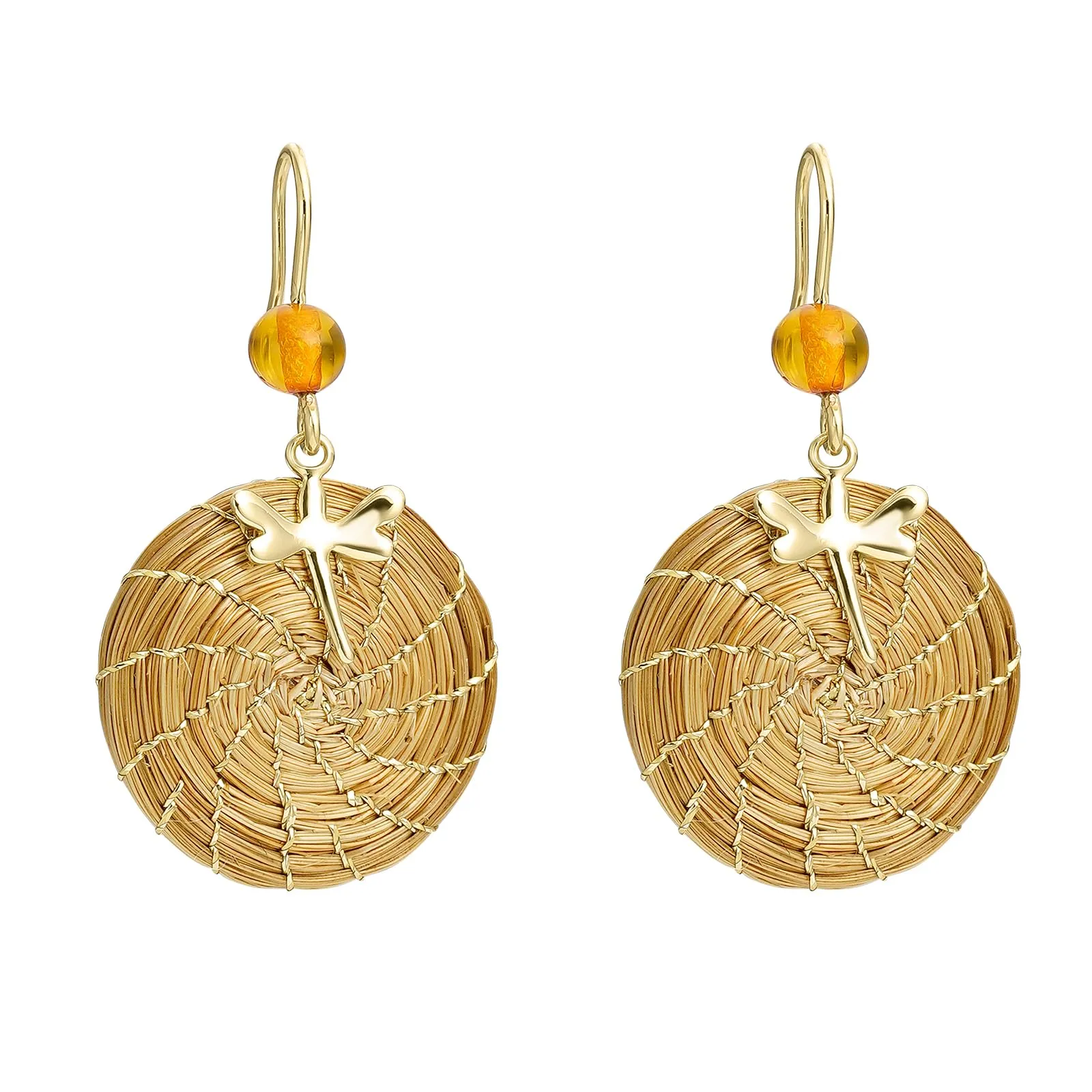 VERA NAVARRO - Orecchini Mandala Intrecciati in Oro Vegetale - Ø 20 mm - Cerchi Dorati - 100% Naturali Fatti a Mano - Bigiotteria Fatta a Mano - Verde
