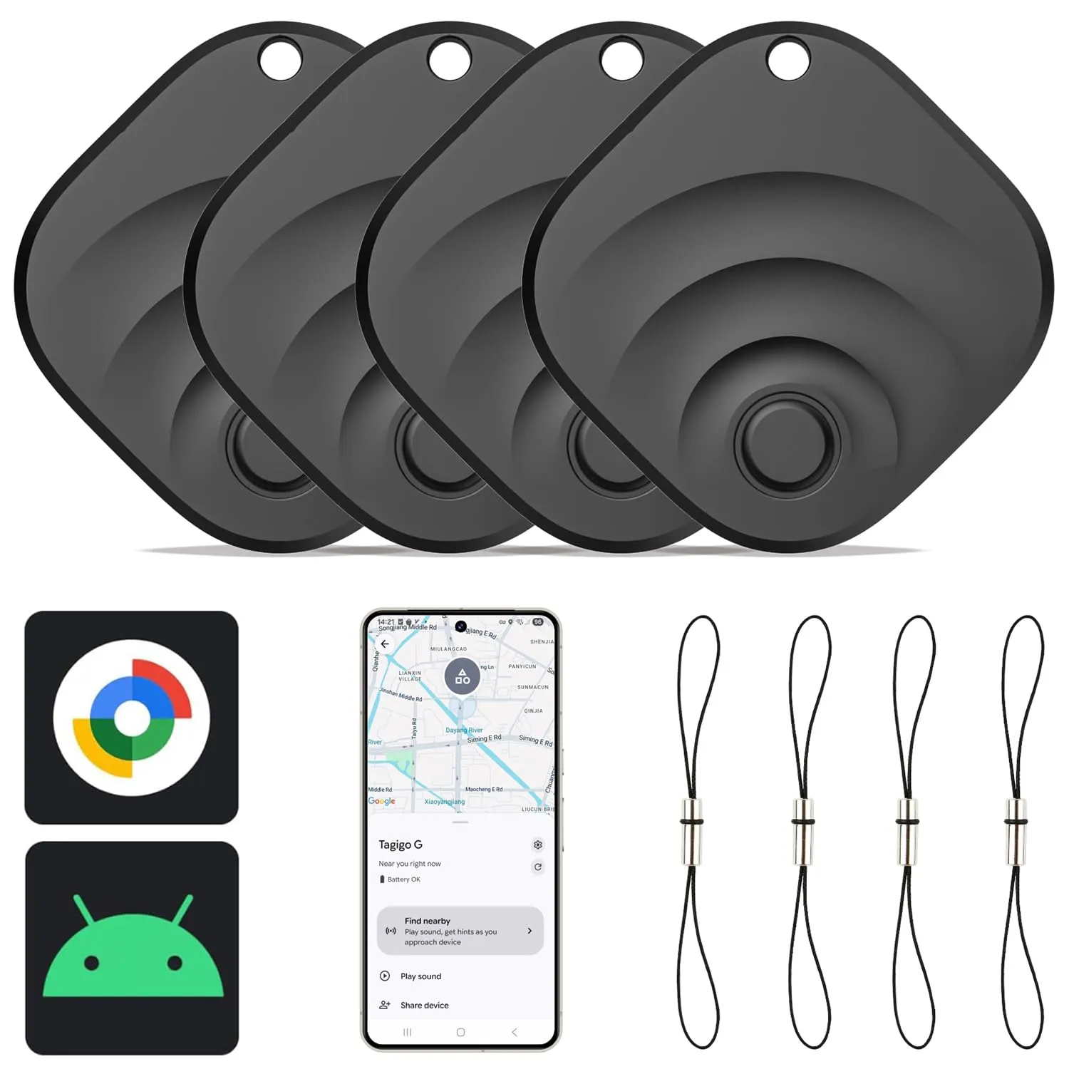 Reyke Tracker Android, Smart Tag compatibile con Google Find My (solo per Android), localizzatore per chiavi, bagagli, valigia, portafoglio, 4 pezzo