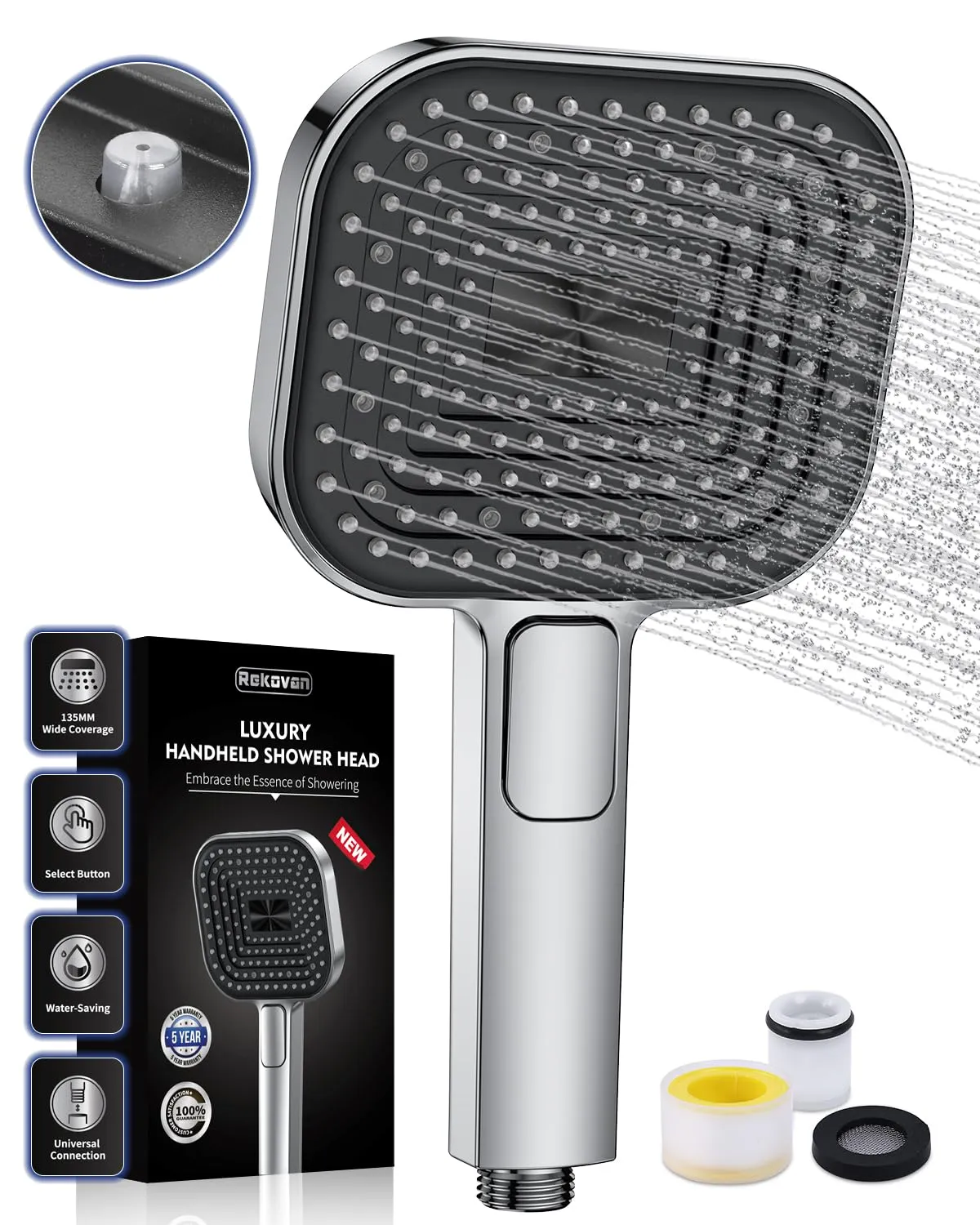 Soffione Doccia Anticalcare, Doccino per Doccia Alta Pressione, Doccetta Grande 135 mm 【Silicone Qualità Alimentare】, 【Risparmio idrico 43%】, Telefono Doccia 3 Modalità di Getto, Cromato (senza tubo)