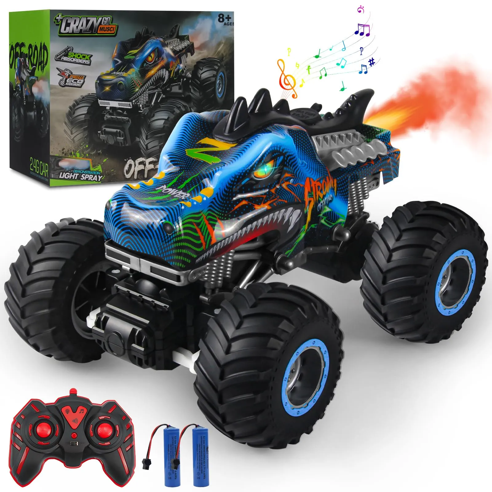 Rhybor Macchina Telecomandata 1:16 Dinosauro RC Monster Truck 2.4 GHz 20 Km/h Auto Telecomandata con Nebbia Spray Musica Luci LED Auto Radiocomandata RC Auto per Bambini di 4 5 6 7 8 anni