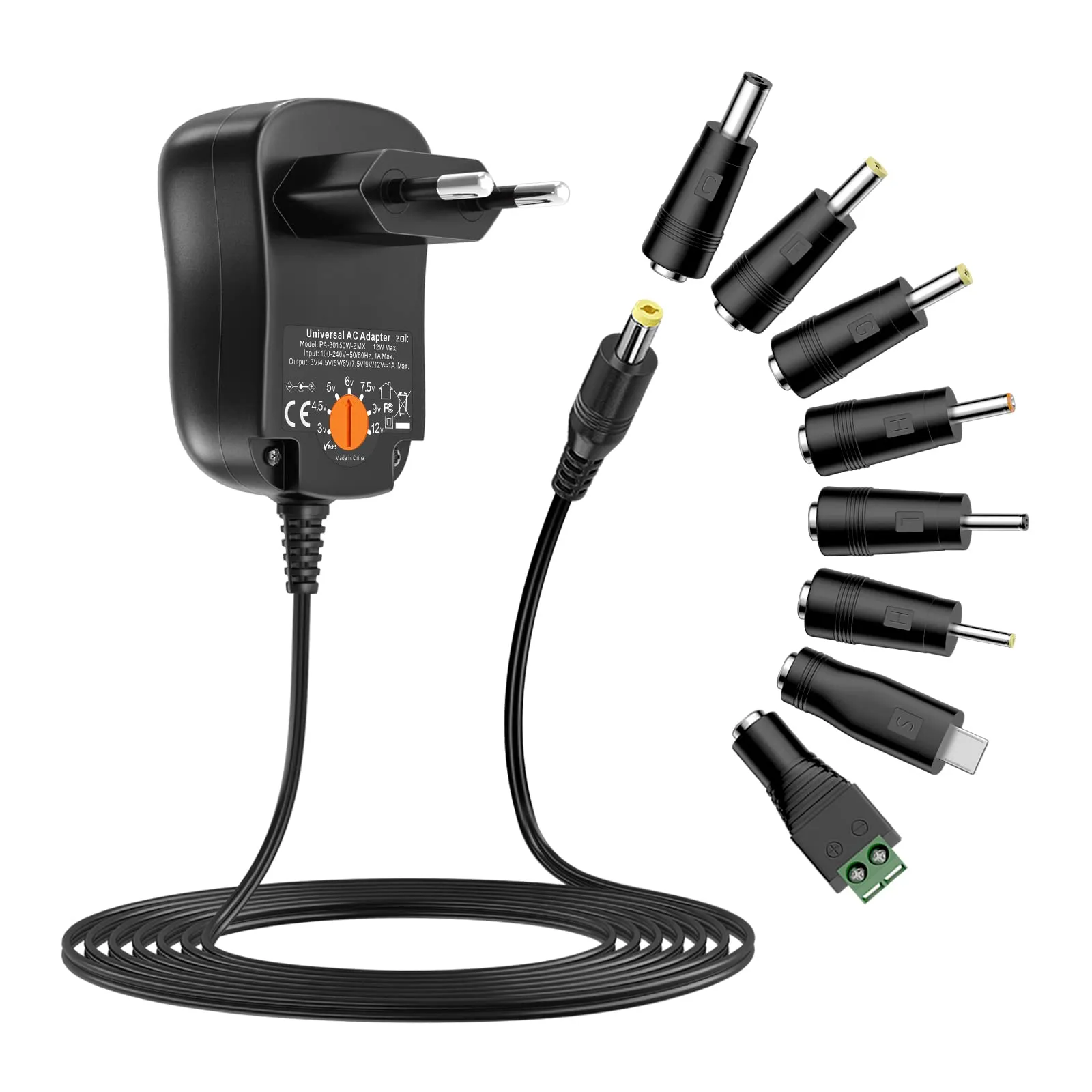 Alimentatore universale da 12 W, 3 V, 4,5 V, 5 V, 6 V, 7,5 V, 9 V, 12 V, 1 A, AC DC, con 8 connettori DC per altoparlanti, fotocamera, lampada e più elettronica domestica, 1000 mA.