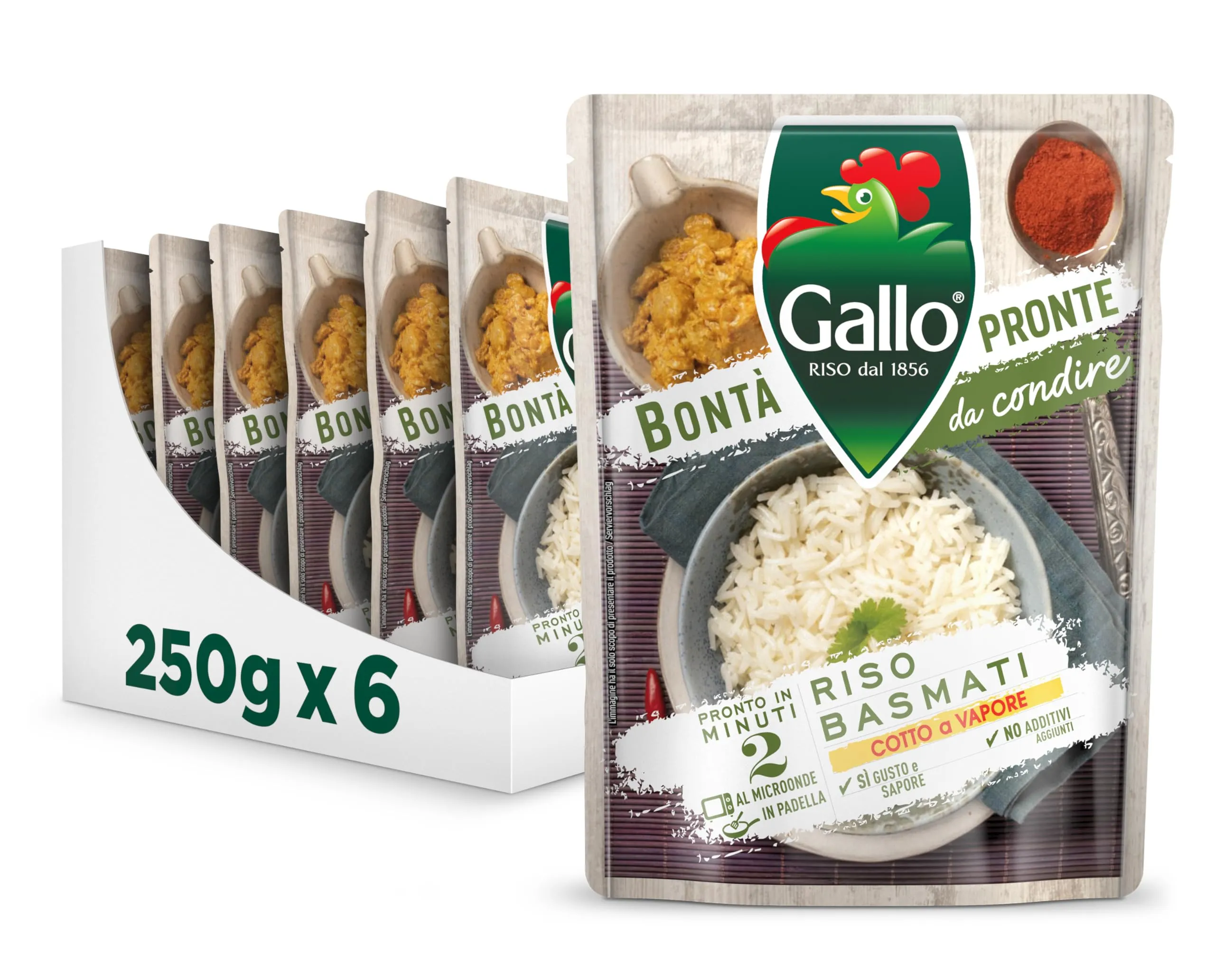 Riso Gallo Bontà Pronte Riso Basmati 6 x 250gr, Cotto a Vapore da Condire, Pronto in 2 Minuti al Microonde, in Padella, No Additivi aggiunti, Ottimo per Contorni e Insalate