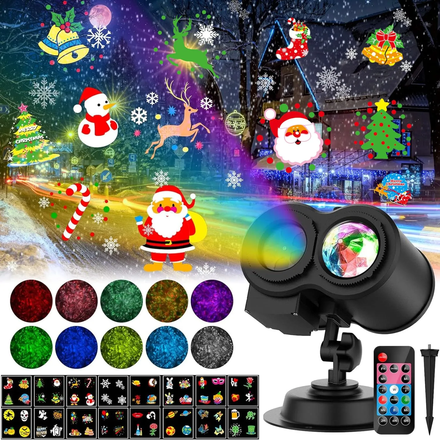 YAZAKY Proiettore Luci Natale per Interno Esterno, Lampada per Proiettore LED Natale con 16 Diapositive e 10 Colori, Impermeabile IP65 Luci Proiettore per Decorazioni Natale Festa Halloween