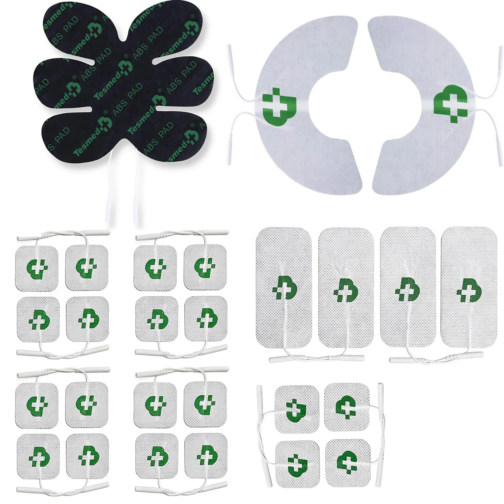 TESMED Top Equipment: Set di 27 Elettrodi (20 da 50x50 mm, 4 da 50x100 mm, 1 ABS Pad e 2 Knee Pad) – Compatibili con Elettrostimolatori a Spinotto da 2 mm
