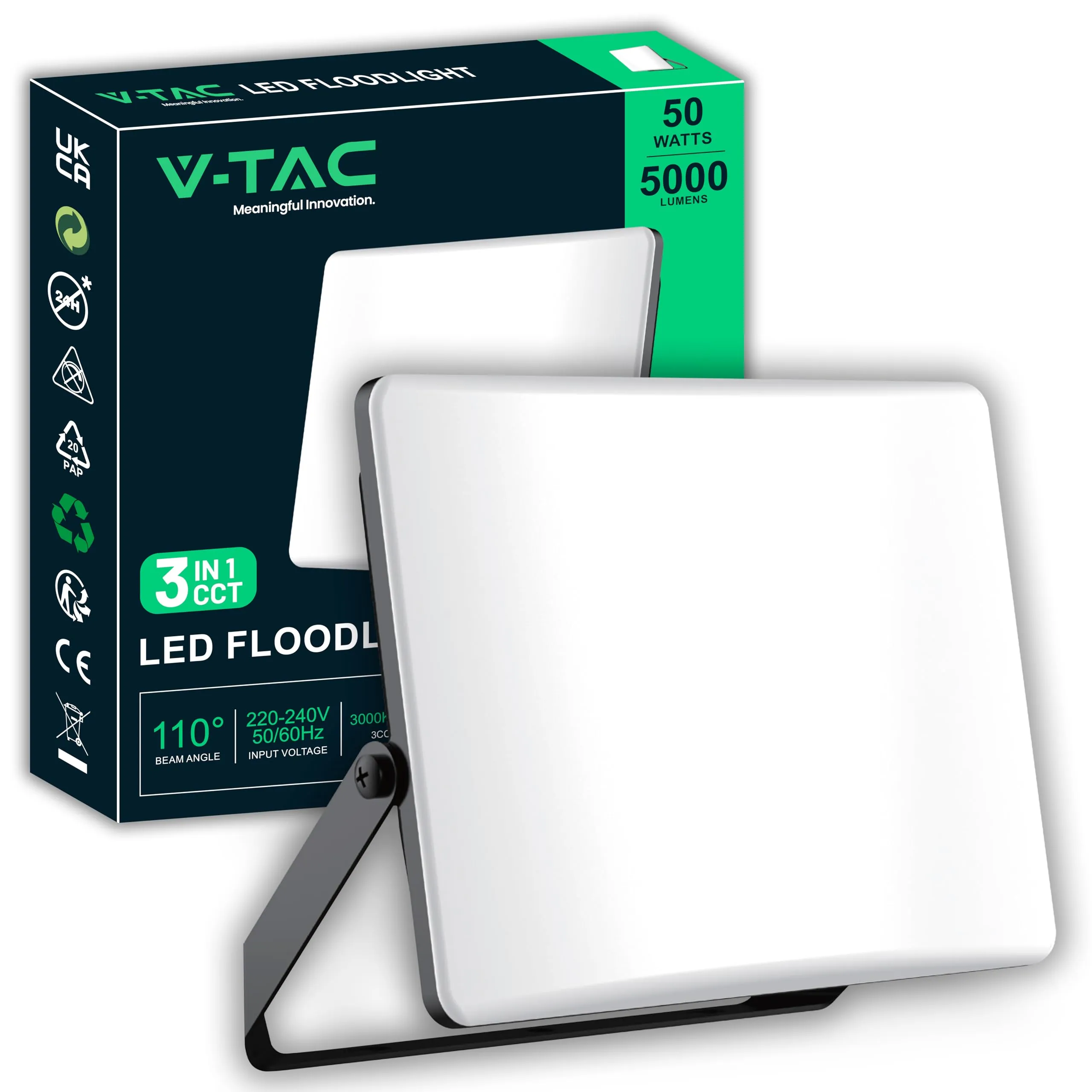 V-TAC Faro LED da Esterno 50W - [Chip Samsung + Tecnologia RLE + Innovativa Copertura in Policarbonato] - Alta Luminosità: 5000 Lumen - IP65 - Faretto LED per Casa, Garage, Magazzino - Luce CCT 3 IN 1