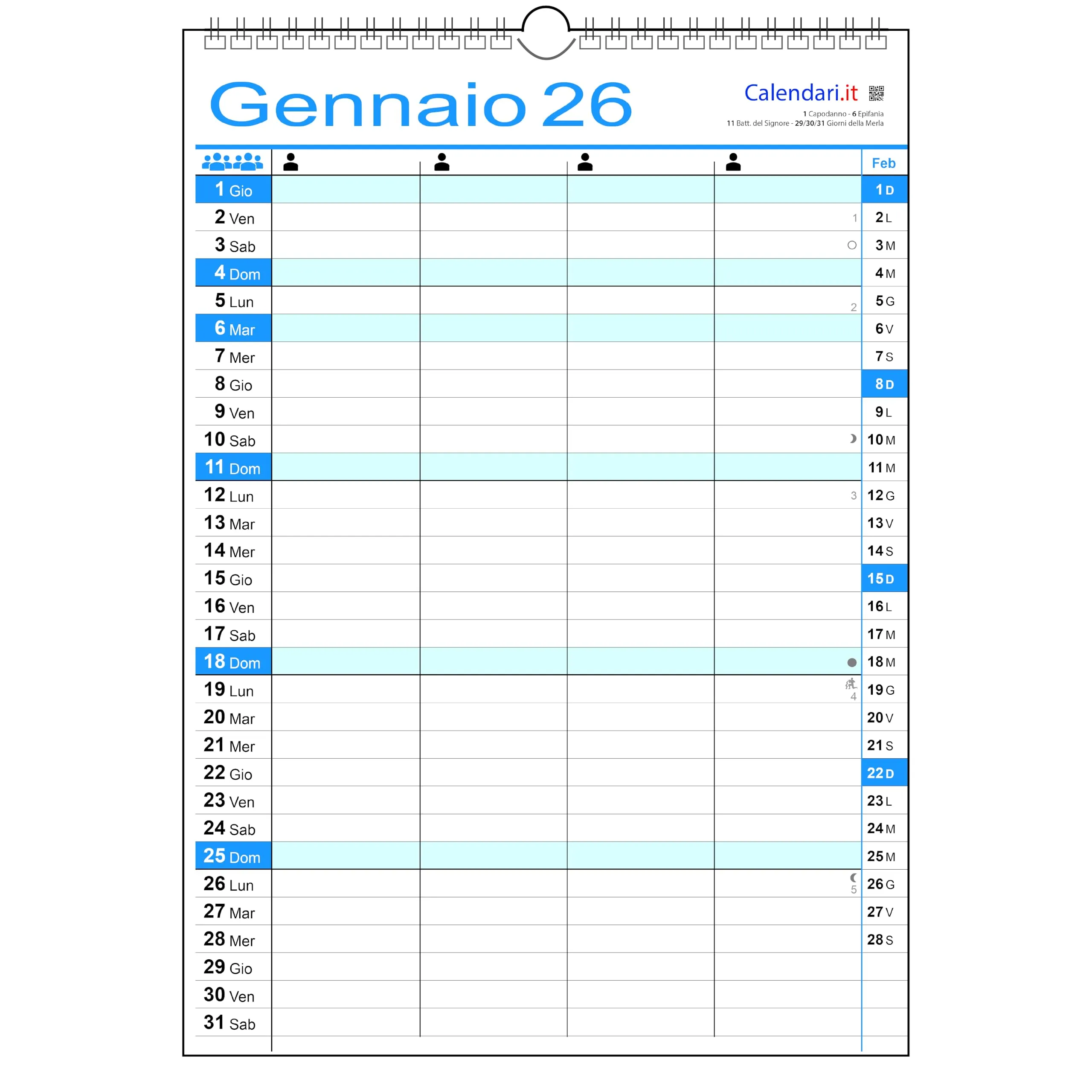 Calendario 2026 famiglia da muro con colonne family lavoro per 1 2 3 4 5 6 7 8 persone (4 COLONNE)