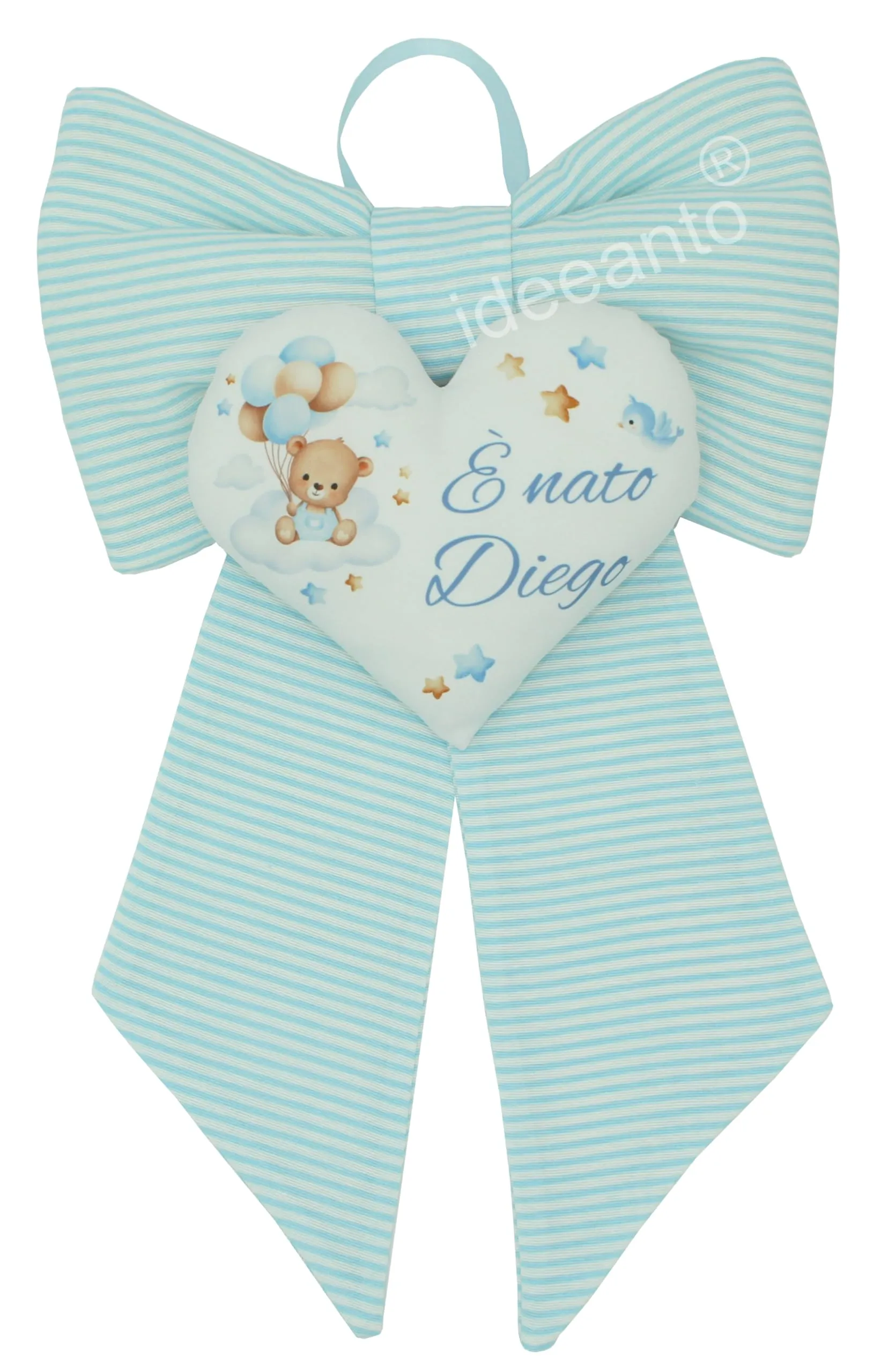 Fiocco nascita bambino o bambina personalizzatocon nome e frase, lavorato a mano in Italia, rosa o azzurro