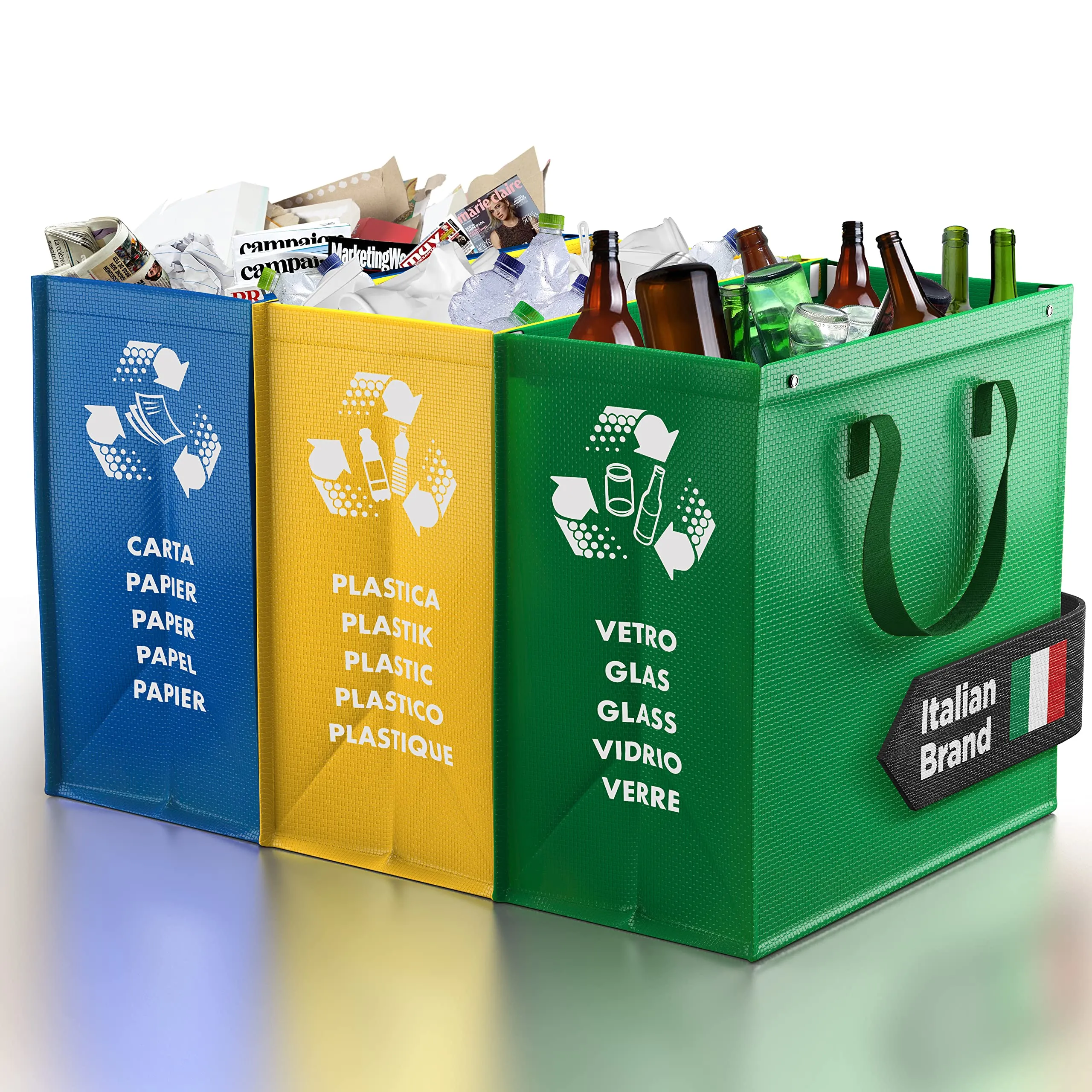 PTMS® Borse Raccolta Differenziata - 3 Bidoni Differenziata da Interno ed Esterno per Carta, Plastica e Vetro - Set Bidoni per Raccolta Differenziata Interno in Colore di Riciclaggio