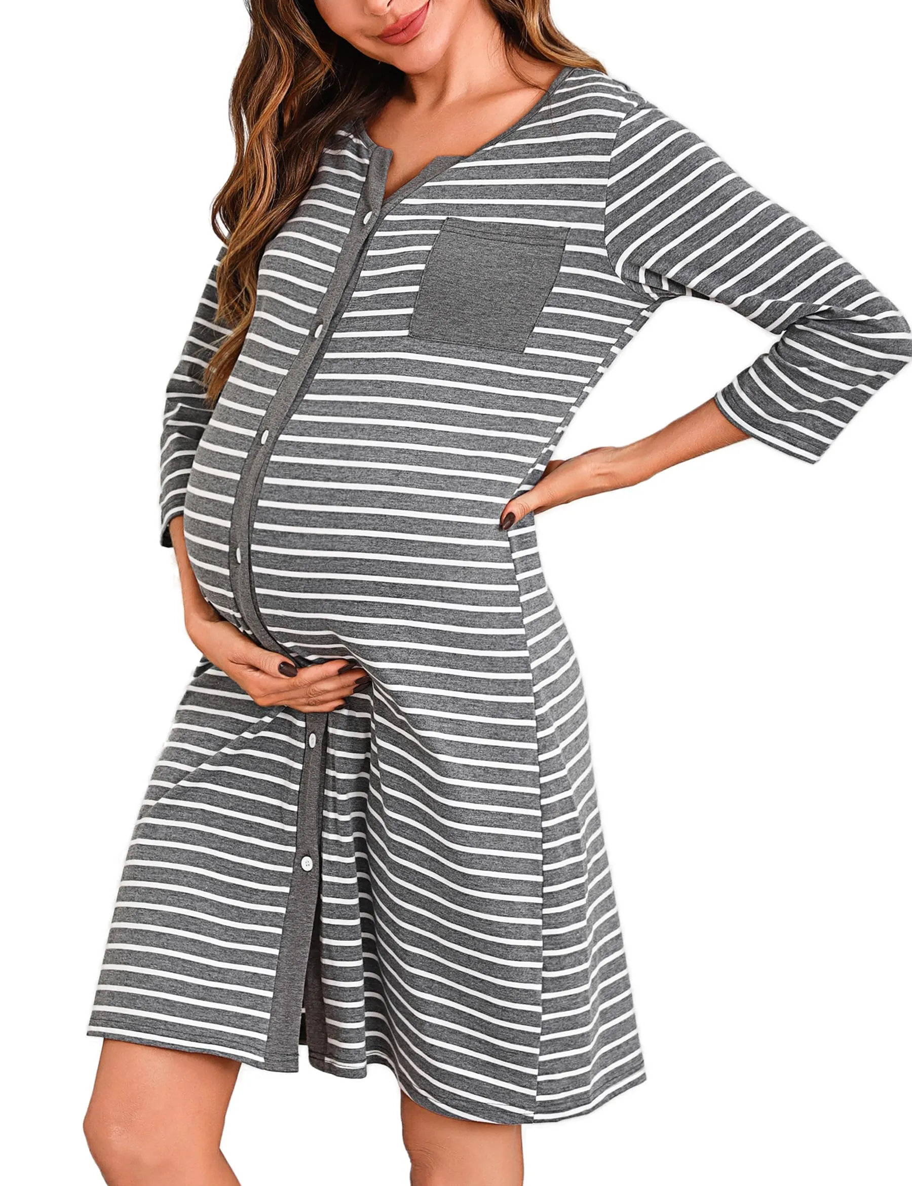 Marvmys Camicia da Notte Donna Premaman Cotone Pigiama Allattamento Manica 3/4 a Righe Camicie Notti Parto Ospedale con Bottoni