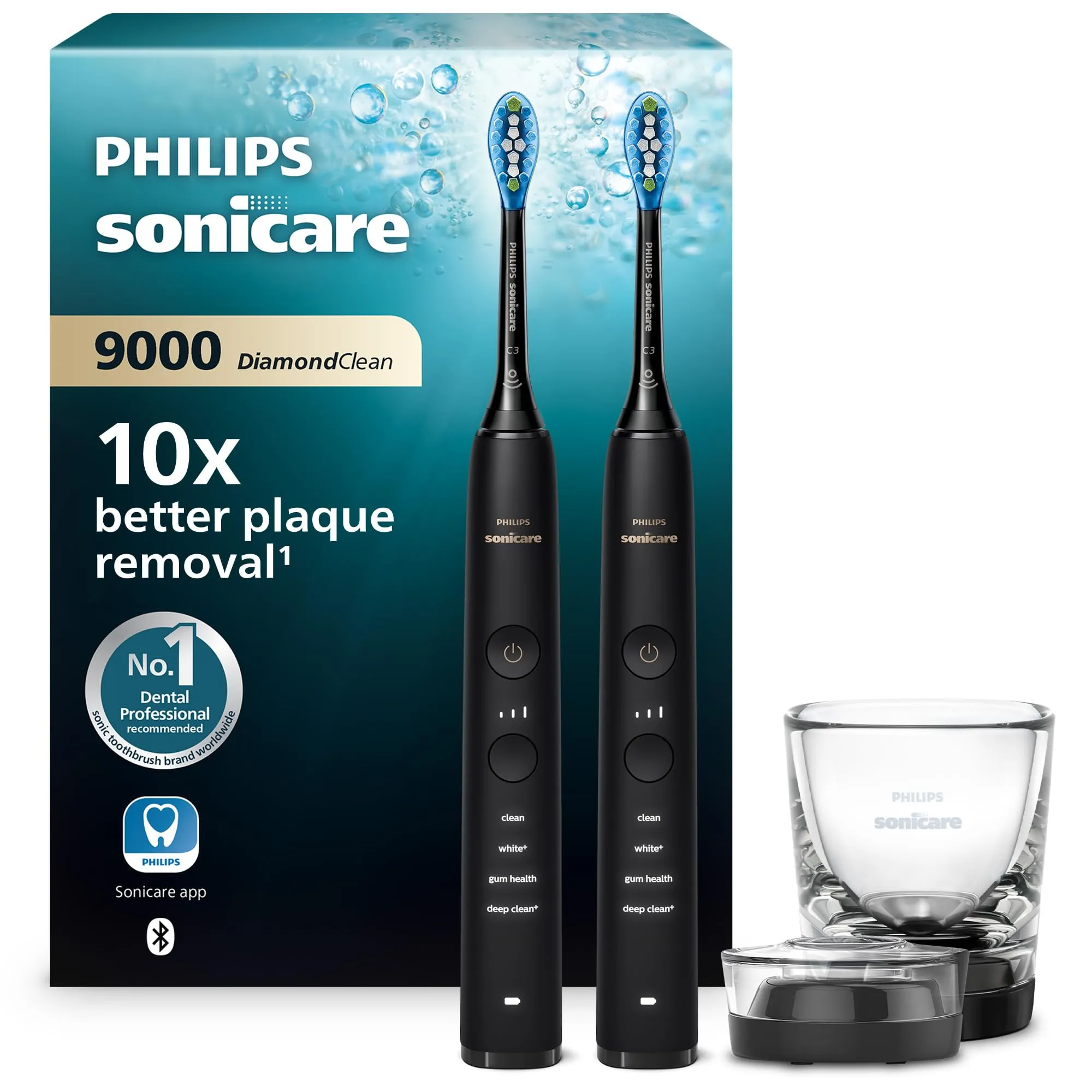Philips Sonicare DiamondClean 9000 spazzolino elettrico sonico con app, sensore di pressione, 4 modalità di pulizia, bicchiere di ricarica, colore nero, confezione doppia, modello HX9914/54