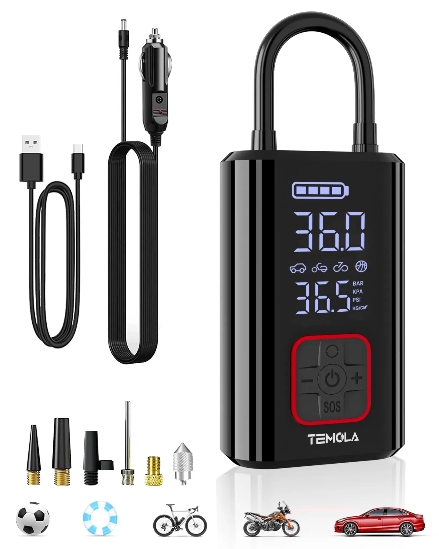 TEMOLA Compressore Aria Portatile Auto, Mini Compressore Portatile con Luce LED, Potente Compressore Auto Senza Fili Accessori Auto Essenziali per Gli Uomini con Manometro per Auto Moto Bicicletta