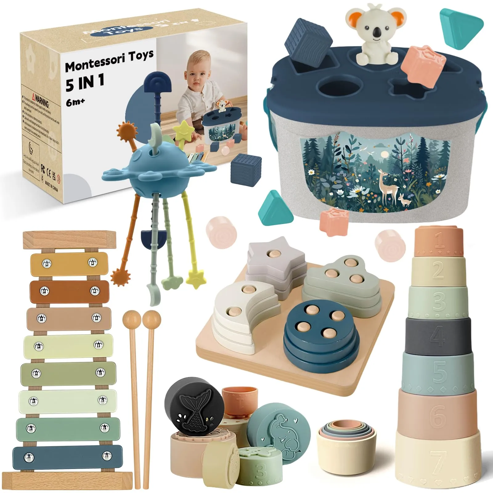 Giochi Bambini 6 Mesi in su,5 in 1 Giochi Montessori,Giochi Sensoriali per Neonati con Tirare la Corda,Giocattolo di Classificazione e Impilamento delle Forme,Xilofono,Regalo Neonato 6 Mesi - 3 Anni