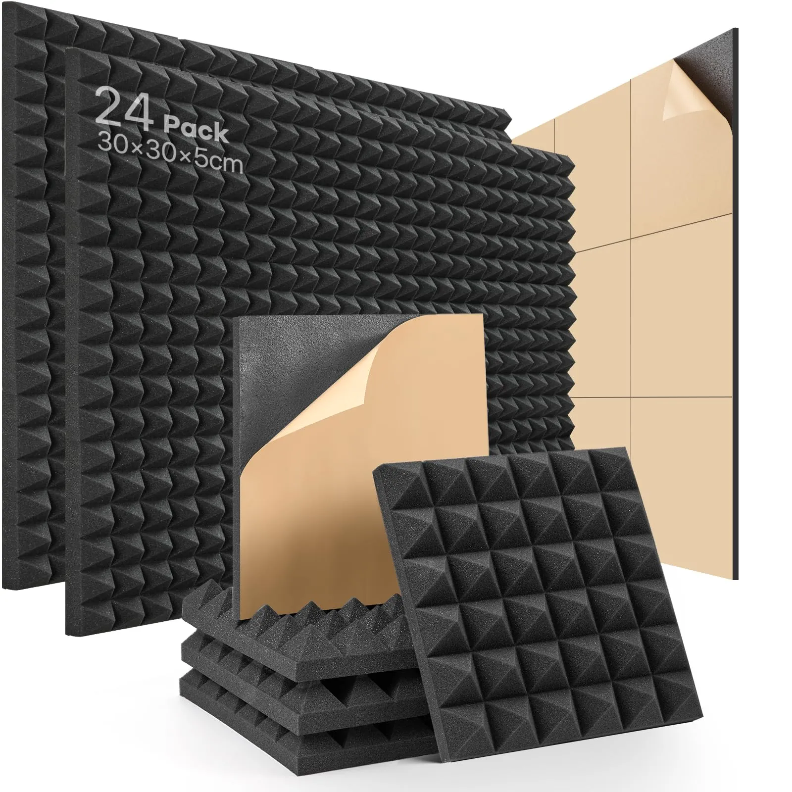 Pannelli Fonoassorbenti Autoadesivi 24 Pezzi Pannelli Insonorizzanti alta densità Pannello Fonoassorbente per Trattamento acustico Podcasting, Studi di Registrazione 30 X 30 X 5cm