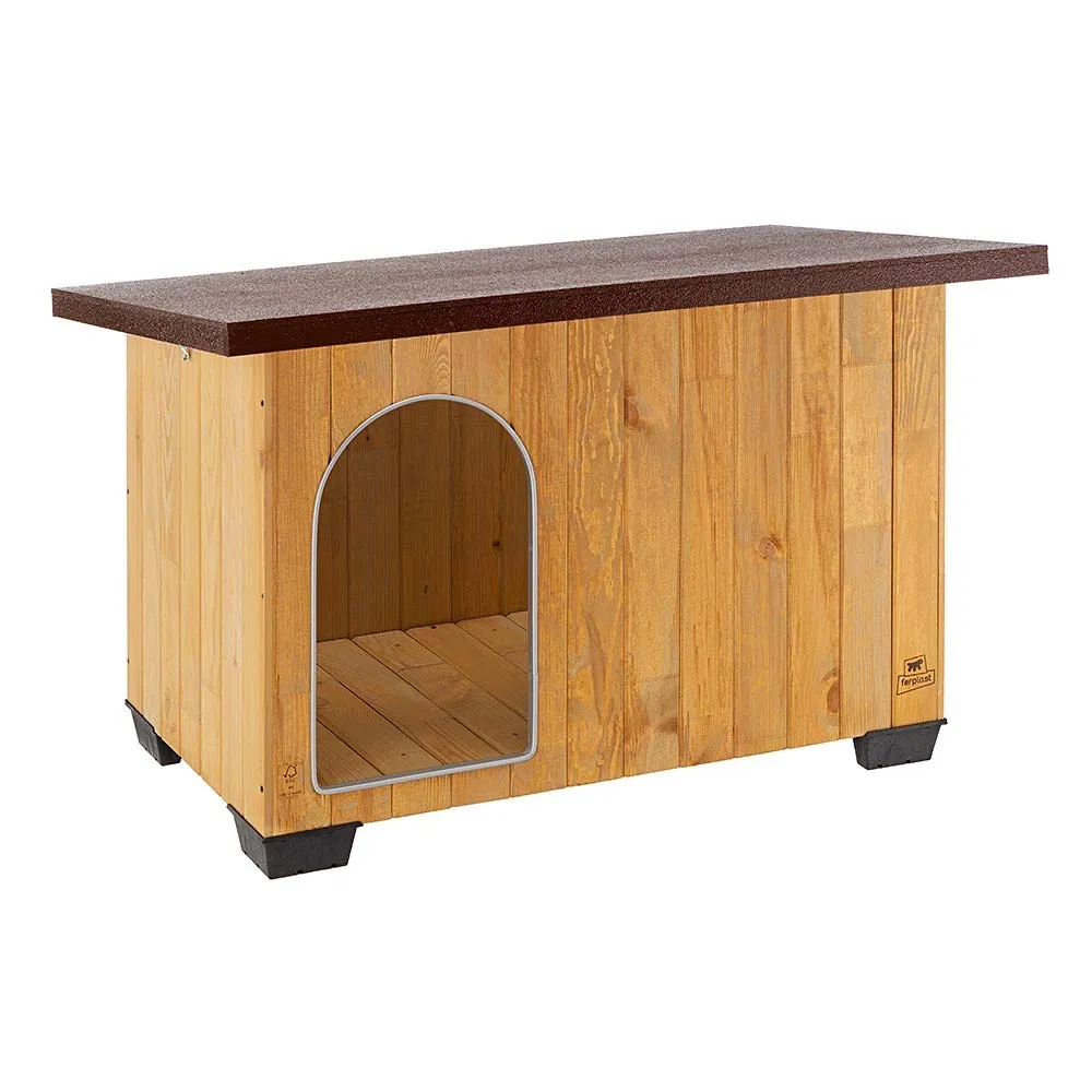 Ferplast BAITA 100 Casetta per Cani in Legno FSC - Tetto Apribile, Impermeabile & Anti-UV - Spiovente, con Chiusura - Porta Antimorso in Alluminio - Piedi Isolanti - 121 x 78 x h 78,5 cm