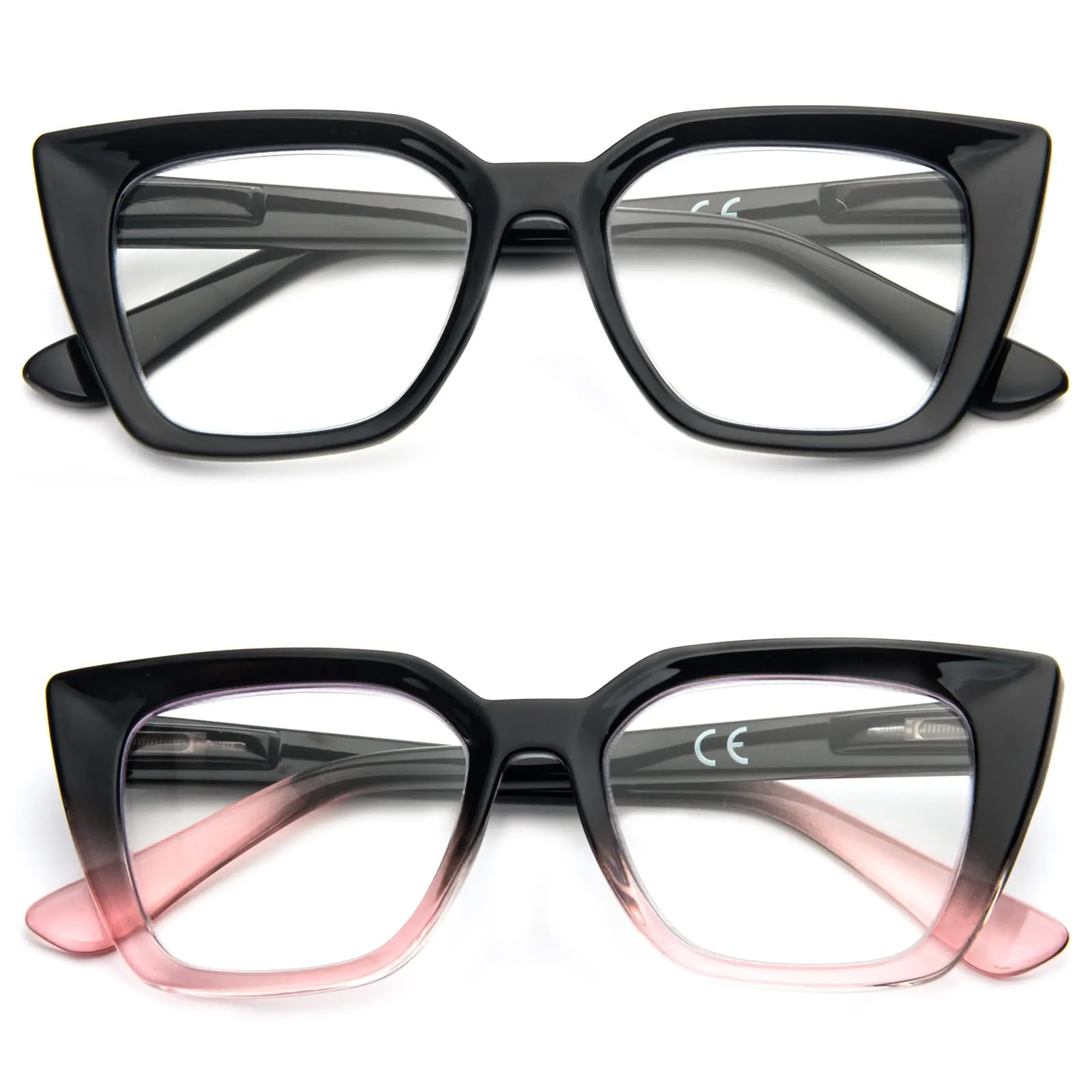 Kodilin 2 Pack Occhiali da lettura donna Oversized Square Anti Luce Blue Computer Lettori Uomo con cerniera a molla (+1.5, nero e nero rosa)