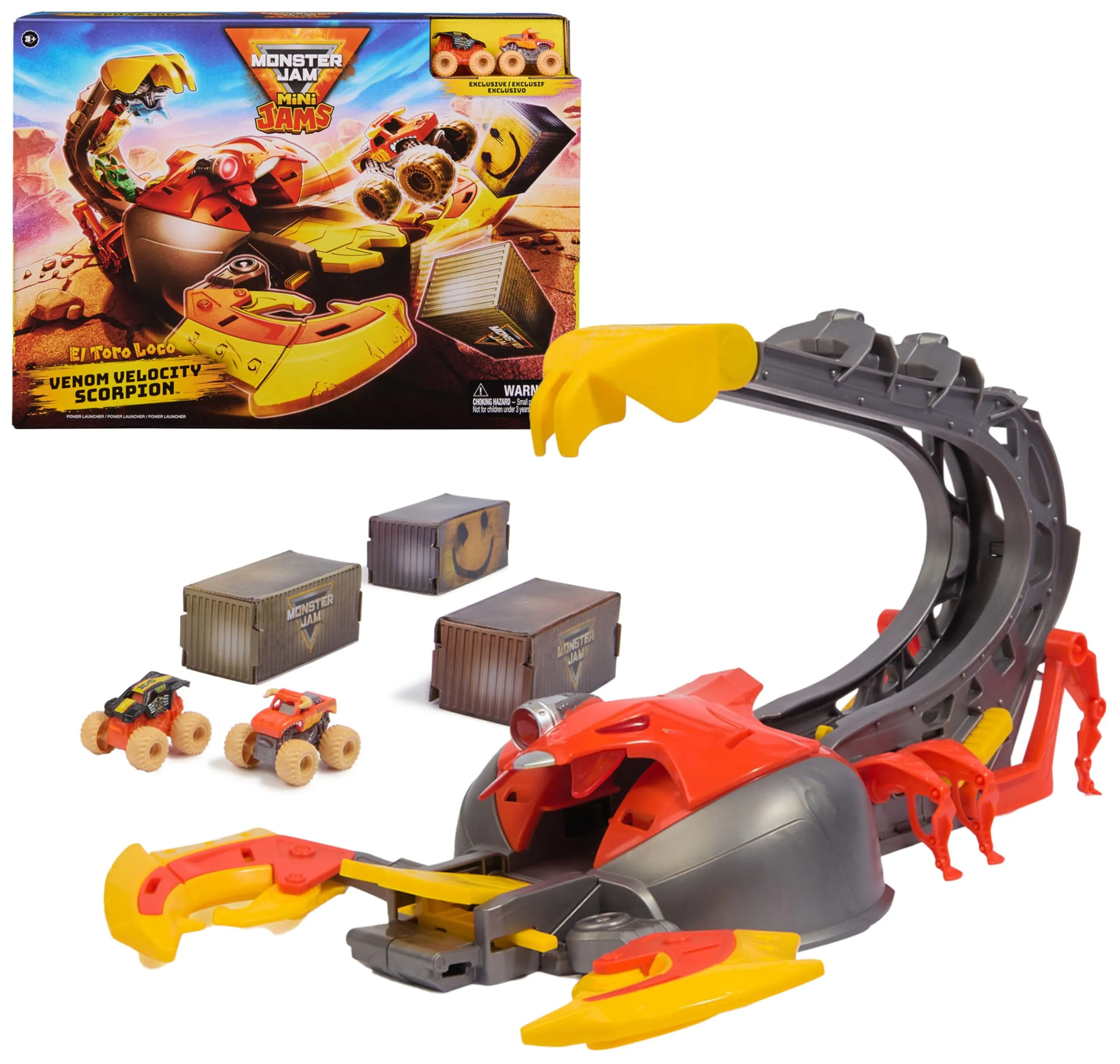 Monster Jam, set di gioco El Toro Loco Venom Velocity Scorpion, Mini Jams, 2 veicoli Monster Truck die-cast speciali El Toro Loco e Max-D in scala 1:87, giocattoli per bambini dai 3 4 5 6 anni in su