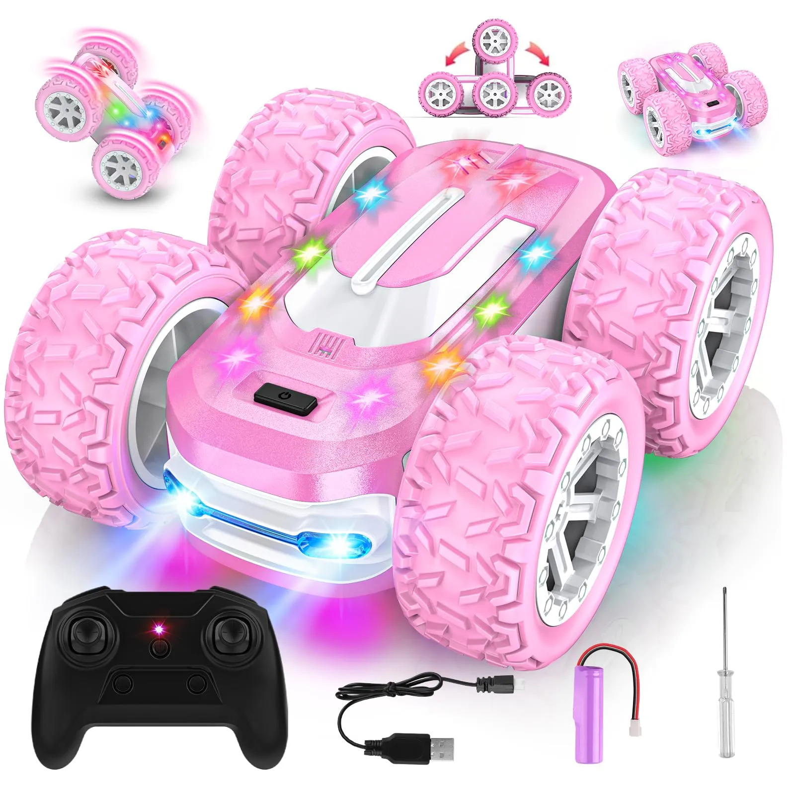 Macchina Telecomandata Bambina, 4x4 Acrobatica Macchinina con LED, RC Auto Radiocomandata Remote Control Car Giocattoli, Compleanno Regalo Bambini 6 7 8 9 10 Anni Giochi Bimba, Rosa Monster Truck