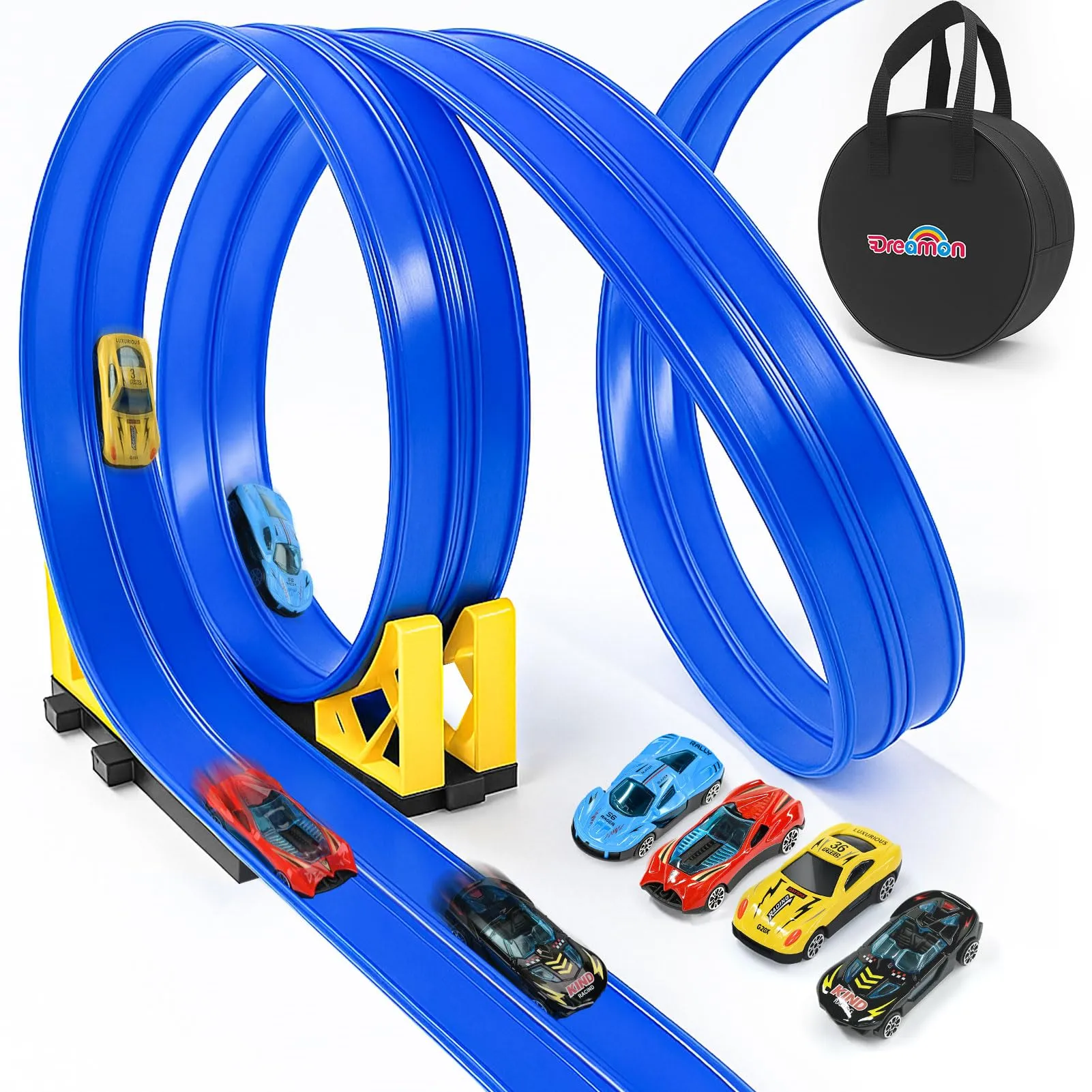Dreamon Piste Macchinine per Bambini 3 4 5 6 7 Anni 5 Metri Pista Flessibile Macchinine con 4 Macchinine 2 Rampe 1 Borsa Portaoggetti 4 Ventose Regalo per Bambino e Bambine