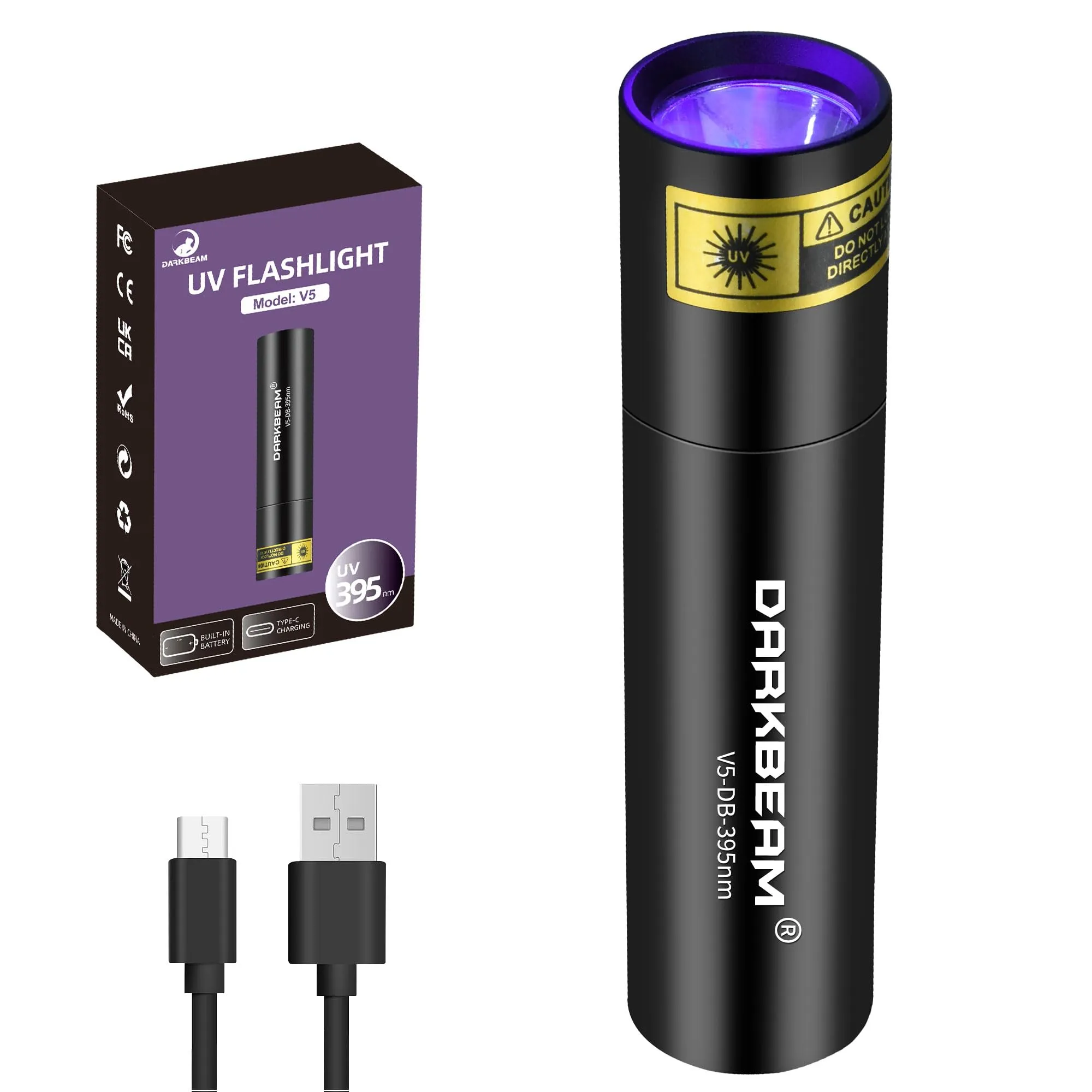 DARKBEAM Torcia UV Luce nera 395nm ultravioletta, Lampada di Wood Mini Portatile Potente Blacklight Ricaricabile USB, per Rilevare di urina animale domestico, vetro all'uranio, ambra, resina
