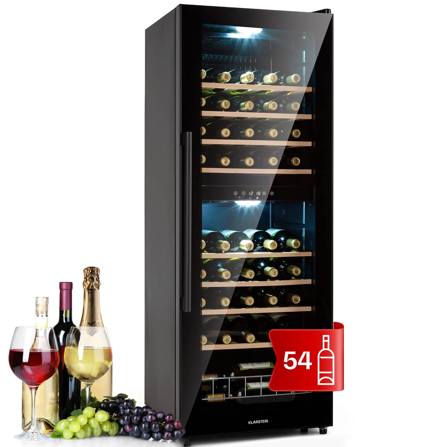Klarstein Cantinetta Vino, Cantinetta Vino Refrigerata a Zona Doppia per Interno/Esterni, Frigo Bar, Cantina Vino con Vetrina, Mini Bar con Protezione UV, Frigo Vino Touch, 5-18°C, 54 Bottiglie