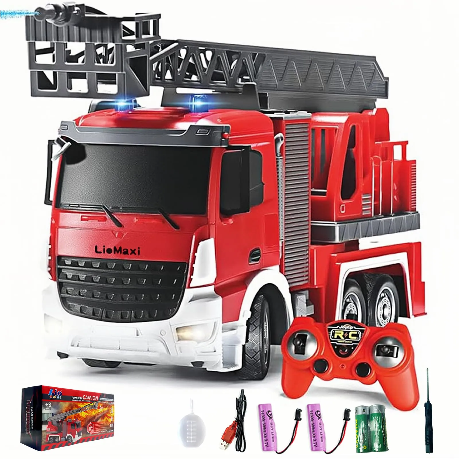LioMaxi Scala 1:24 telecomandata Giocattolo camion pompieri,con pompa spruzzatrice d'acqua, Camion pompieri radiocomandato con scala estensibile e luci, Scala girevole Manuale, Ricaricabile,Rosso