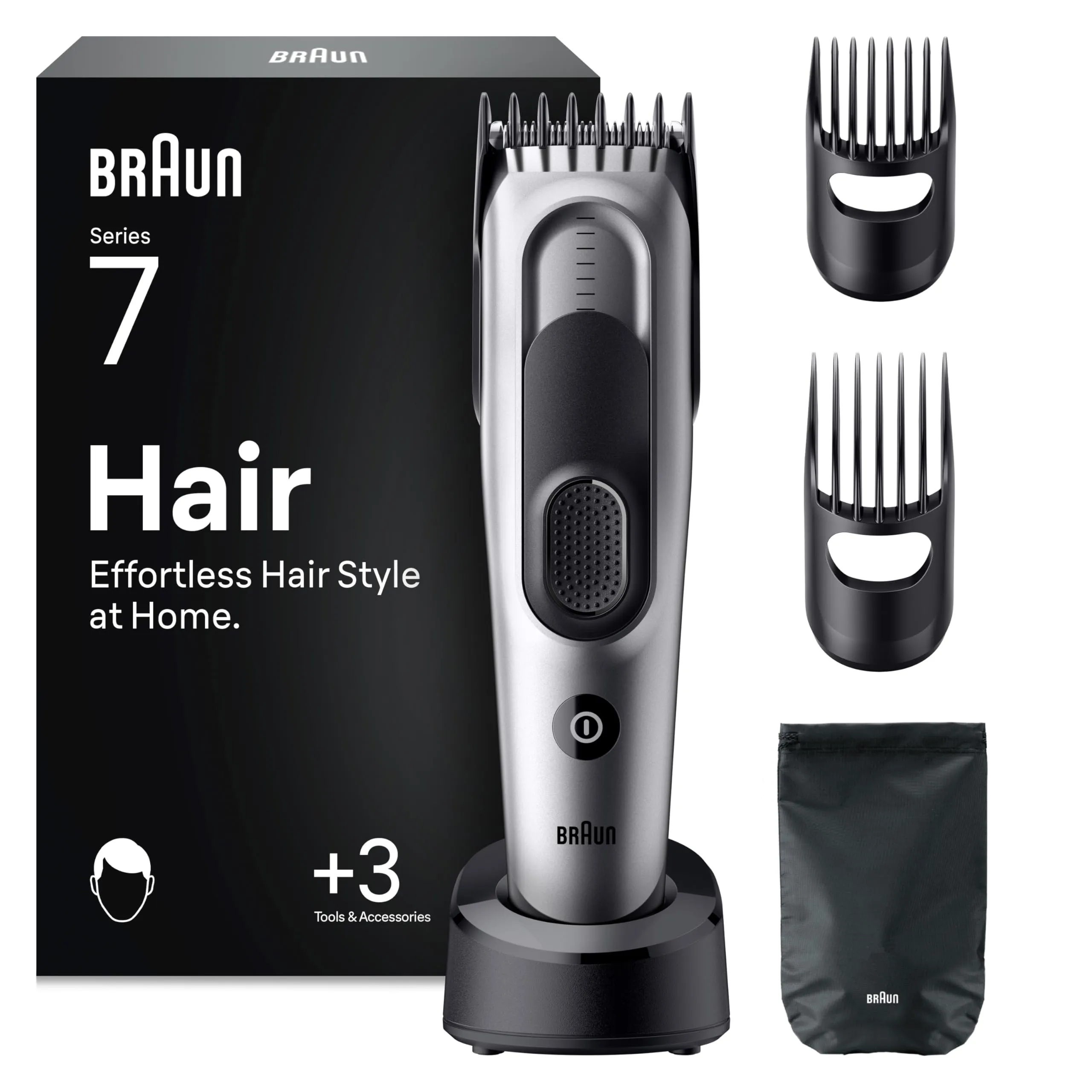 Braun Tagliacapelli Uomo Series 7, +5 Strumenti Di Styling, Lama Affilata di Lunga Durata, 17 Lunghezze, Blocco Memoria, Autonomia 50 Min, Lavabile, HC7590, Grigio