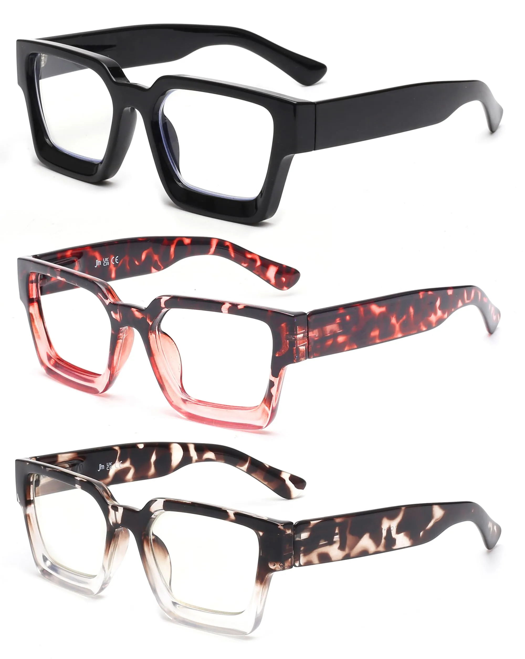 JM 3 Pack Occhiali da Lettura Quadrati, Occhiali da Vista Anti Luce Blu per Donna Uomo Cerniera a Molla +0.0