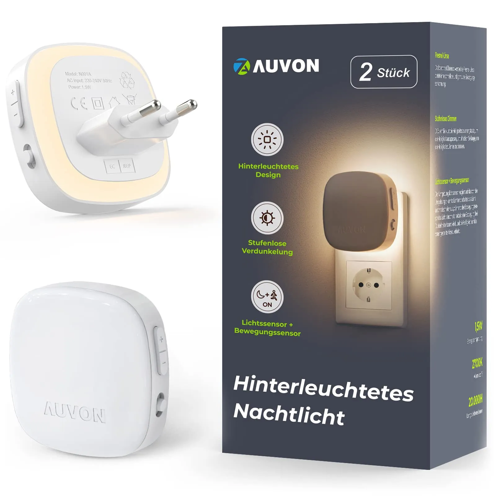 AUVON Luce Notturna LED con Sensore di Movimento e Sensore Crepuscolare, [2 Pezzi] di Luce Notturna Bambini Retroilluminata Bianco Caldo con 1-50 lm, Luminosità Regolabile per Corridoio, Scale