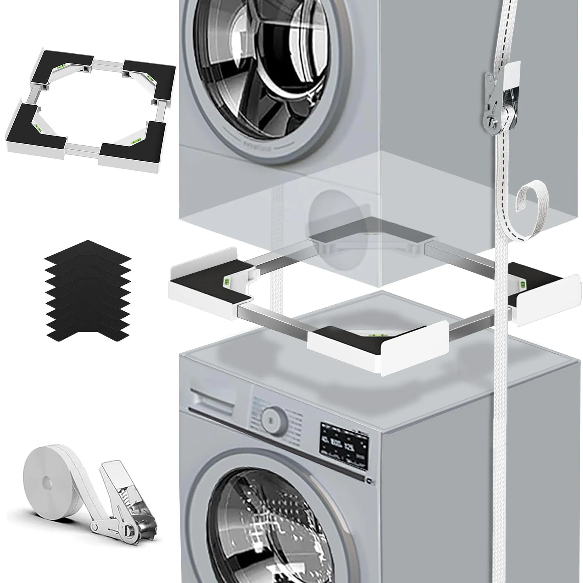 Kit di stacking universale per lavatrice e asciugatrice, accessori per lavatrice/asciugatrici, con corda a cricchetto, accessorio per lavatrice e asciugatrice, misura regolabile 45-68 cm