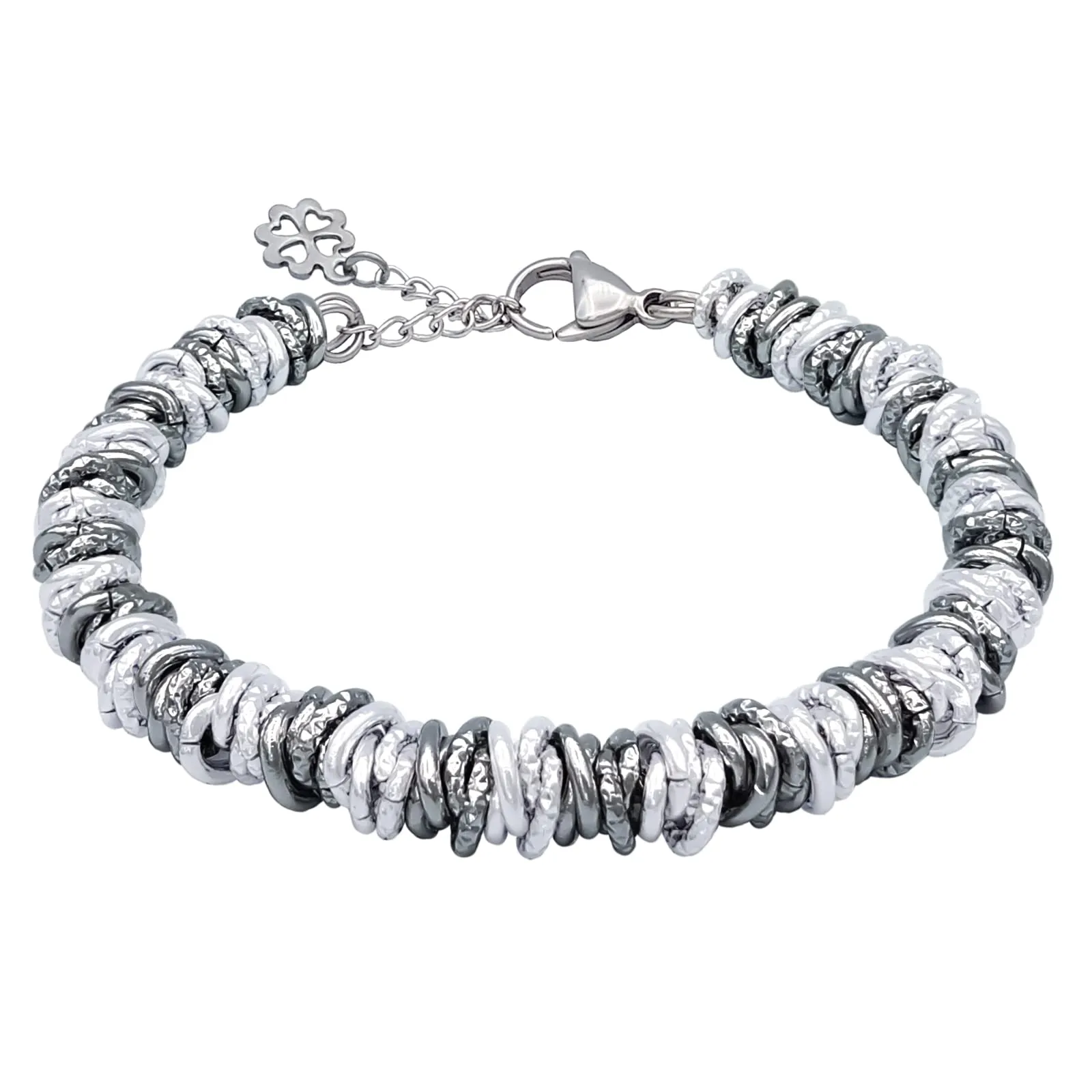 ParticolarModa Bracciale Donna regolabile quadrifoglio portafortuna nodini lucido diamantato 7 mm (Regolabile da 16 a 19 cm (x polso 13-15), Argentato/Fumè)